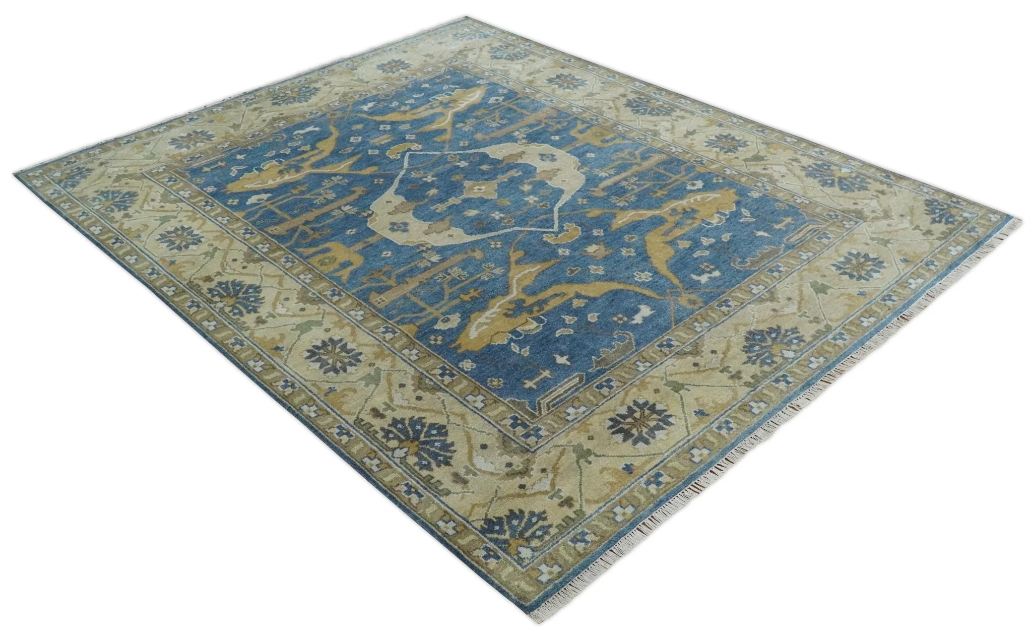 Hand Knotted Blue, Beige and Olive Oriental Oushak 8x10 Wool Area Rug - Image 11