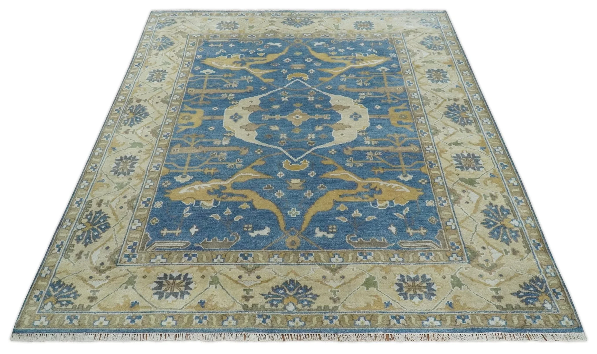 Hand Knotted Blue, Beige and Olive Oriental Oushak 8x10 Wool Area Rug - Image 12