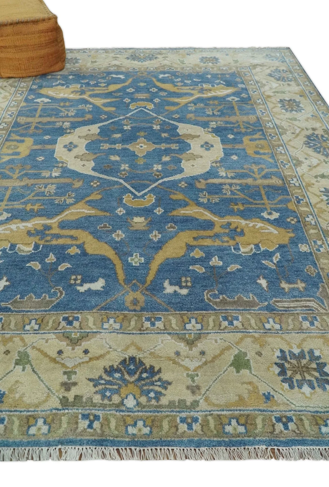 Hand Knotted Blue, Beige and Olive Oriental Oushak 8x10 Wool Area Rug - Image 3