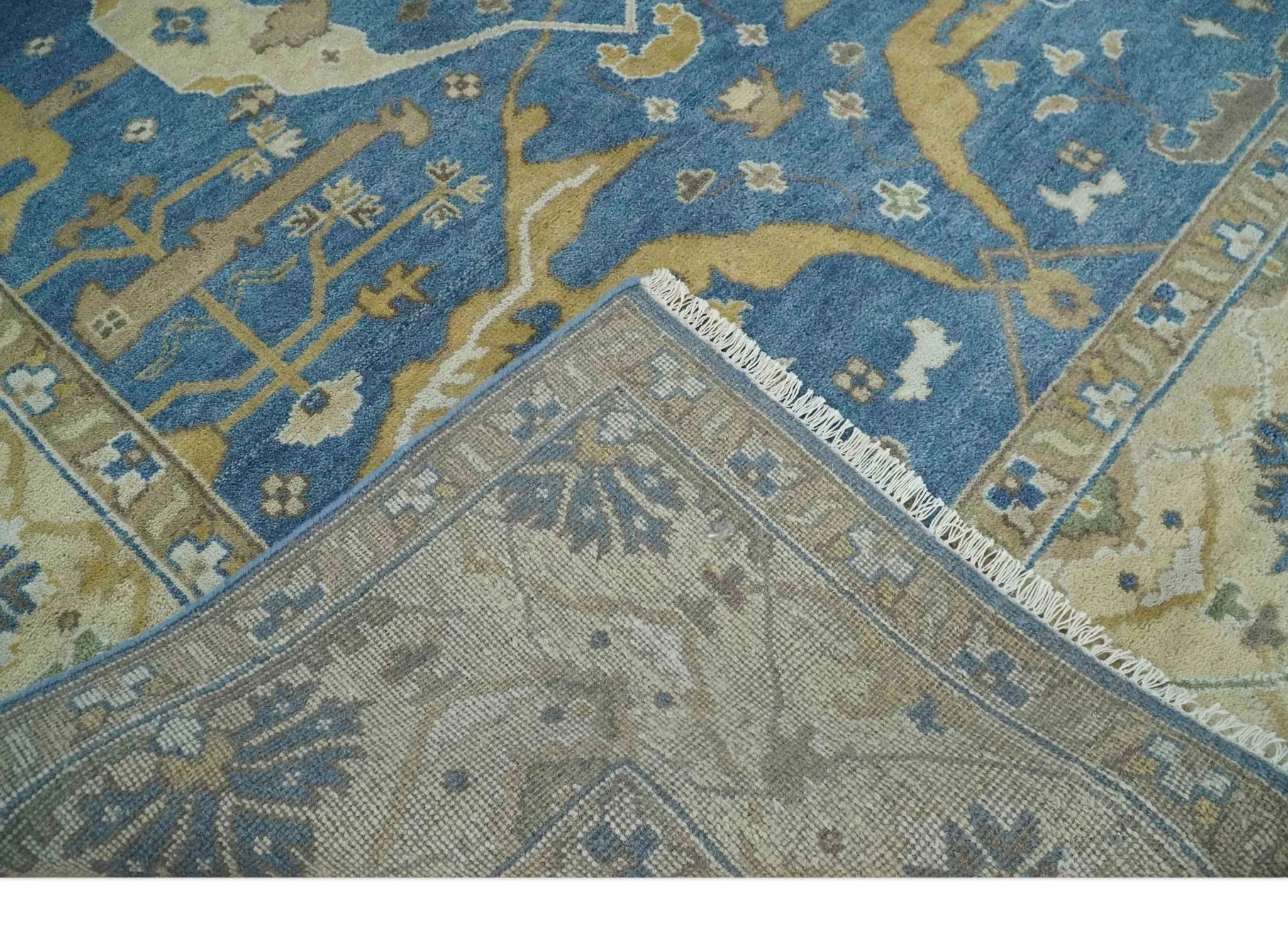 Hand Knotted Blue, Beige and Olive Oriental Oushak 8x10 Wool Area Rug - Image 7