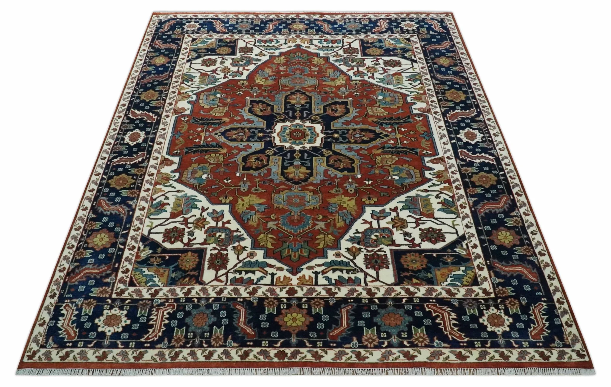 8x10 Fine Hand Knotted Blue, Brown and Ivory Traditional wool Area Rug - Image 10