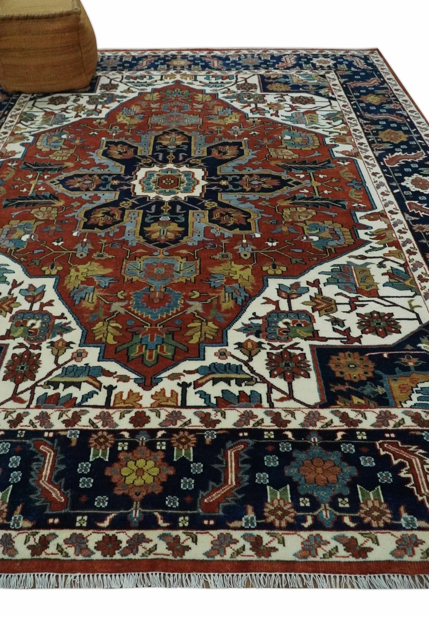 8x10 Fine Hand Knotted Blue, Brown and Ivory Traditional wool Area Rug - Image 3