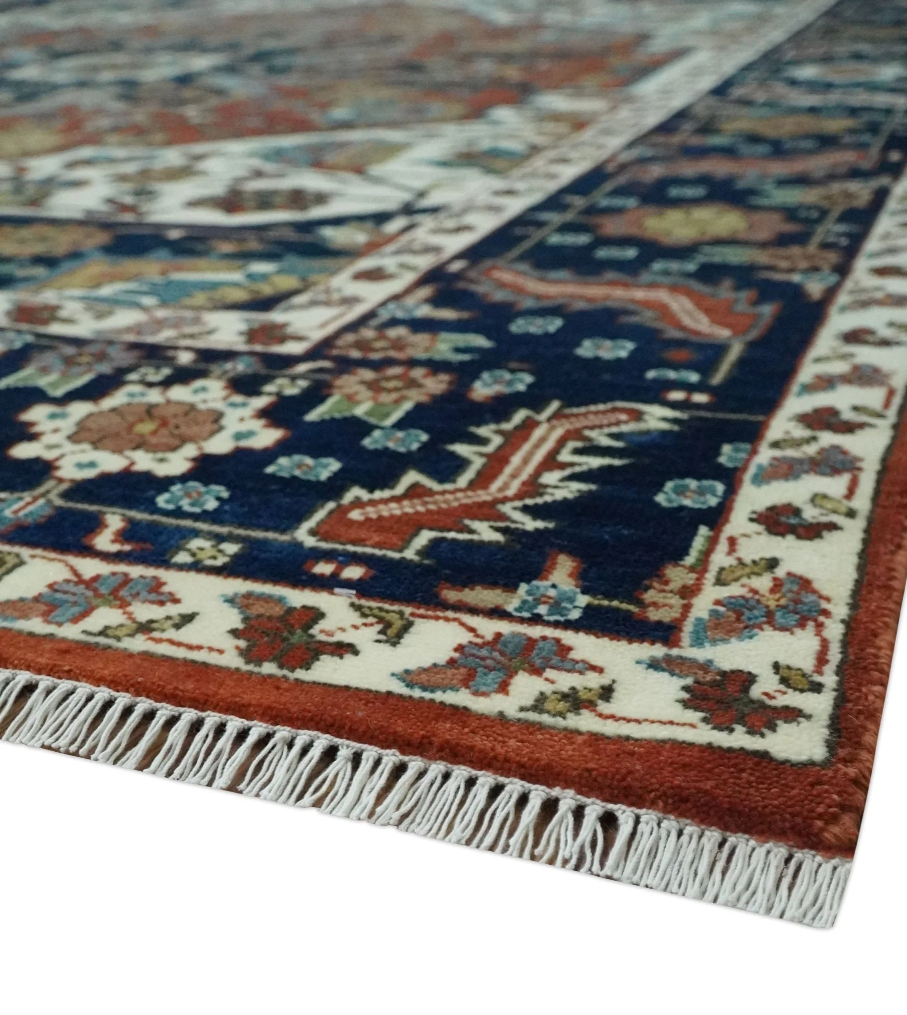 8x10 Fine Hand Knotted Blue, Brown and Ivory Traditional wool Area Rug - Image 5