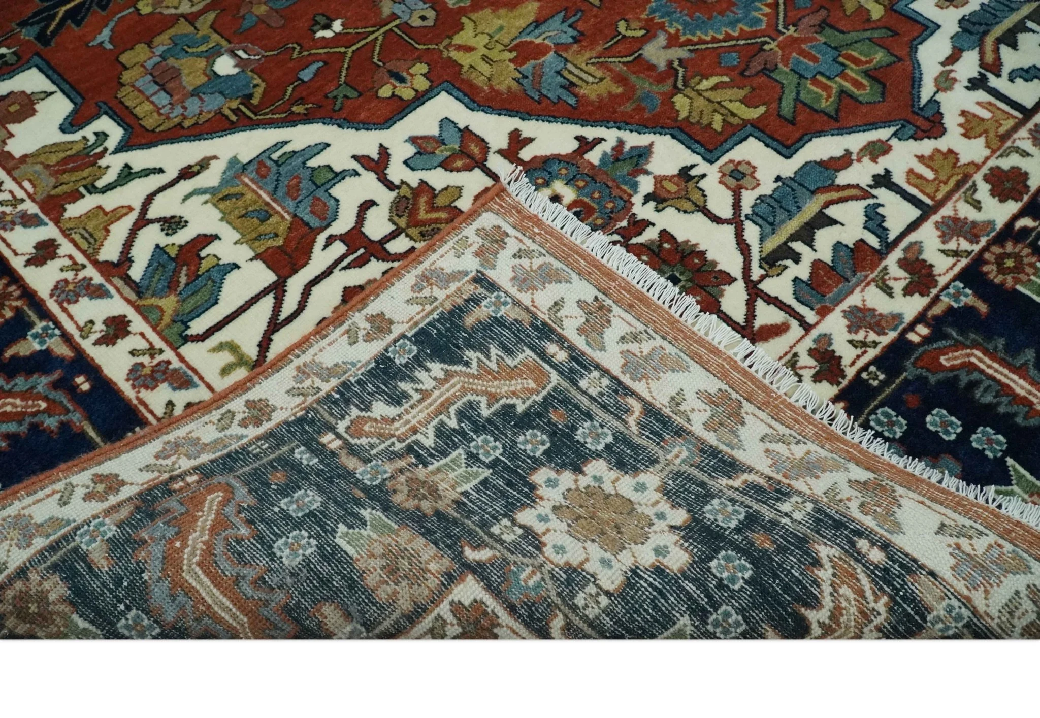 8x10 Fine Hand Knotted Blue, Brown and Ivory Traditional wool Area Rug - Image 6