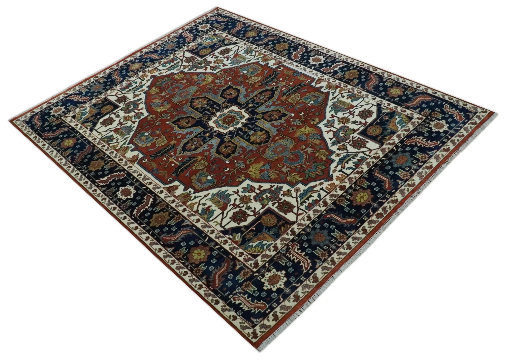 8x10 Fine Hand Knotted Blue, Brown and Ivory Traditional wool Area Rug - Image 9