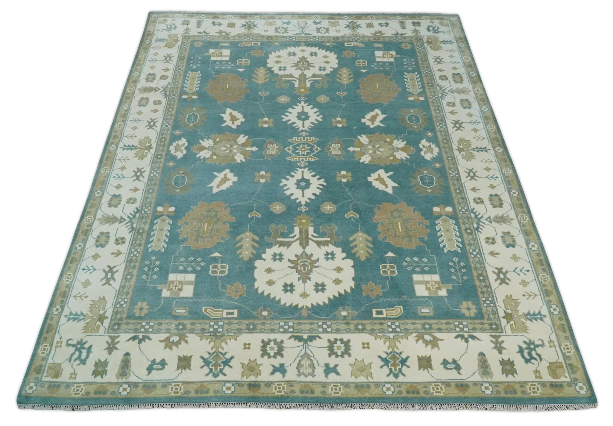 Custom Made Hand Knotted Blue, Ivory and Beige Traditional Oushak Wool Rug - Image 10