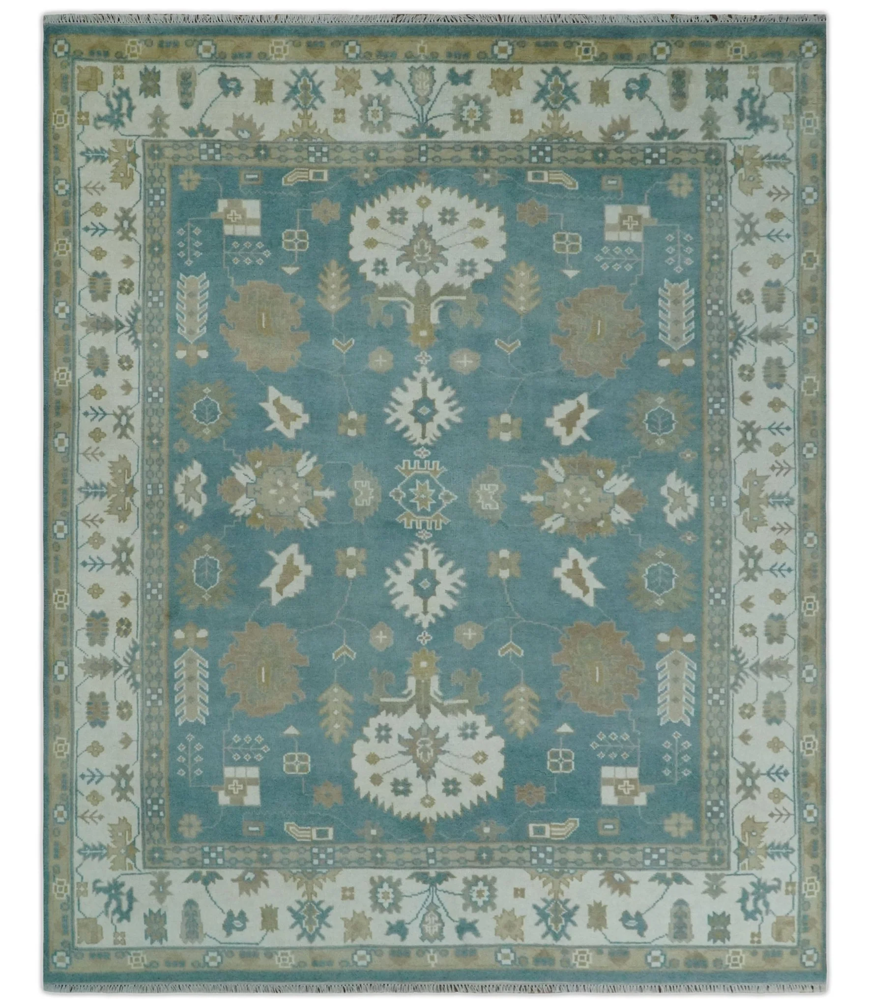 Custom Made Hand Knotted Blue, Ivory and Beige Traditional Oushak Wool Rug - Image 11