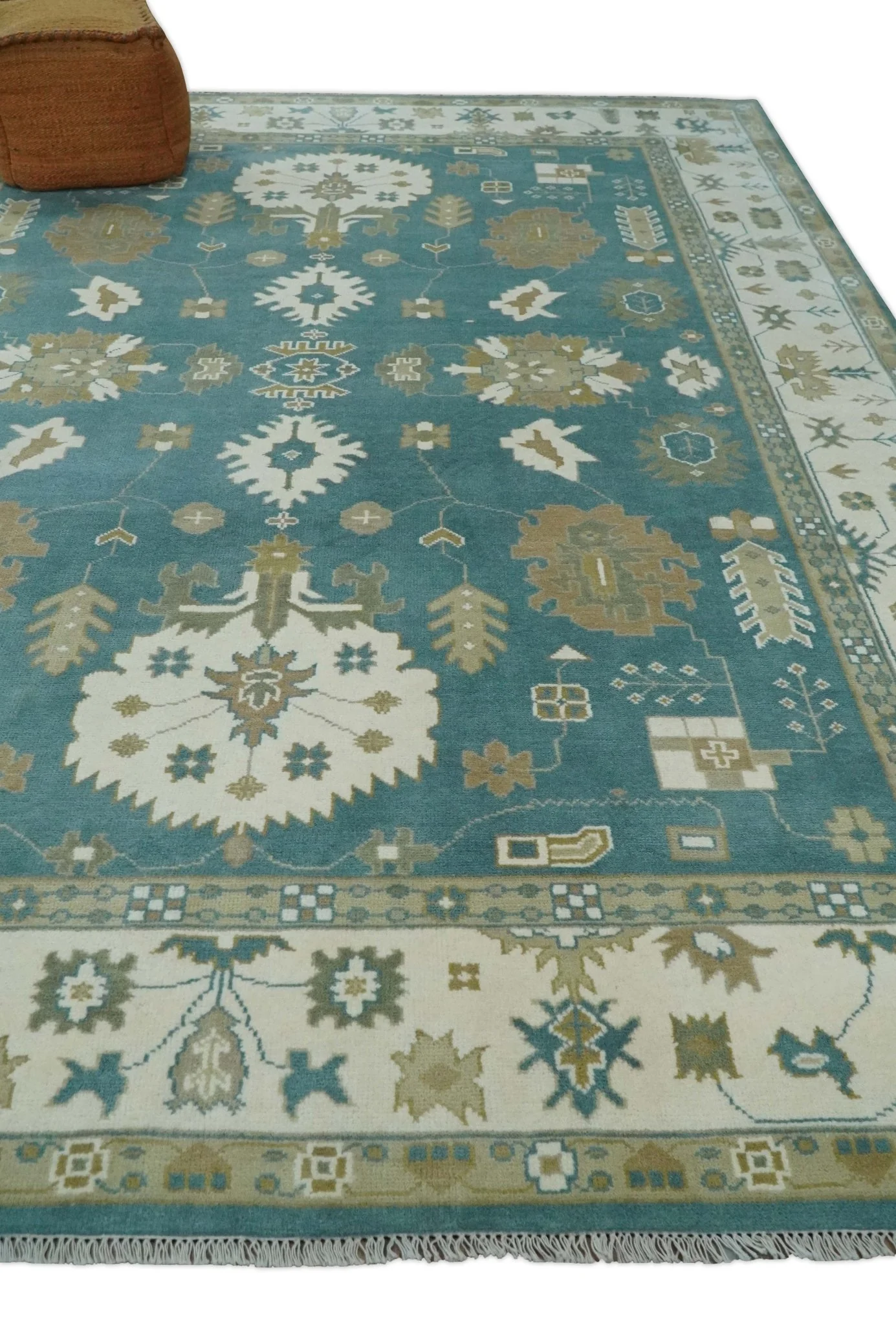 Custom Made Hand Knotted Blue, Ivory and Beige Traditional Oushak Wool Rug - Image 3