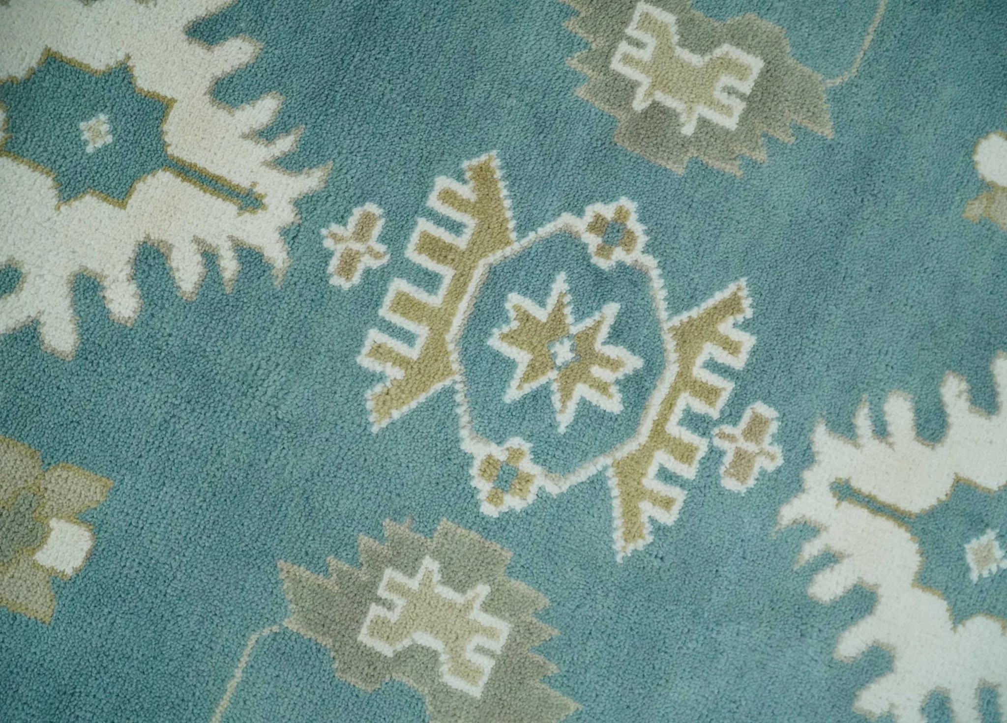 Custom Made Hand Knotted Blue, Ivory and Beige Traditional Oushak Wool Rug - Image 4