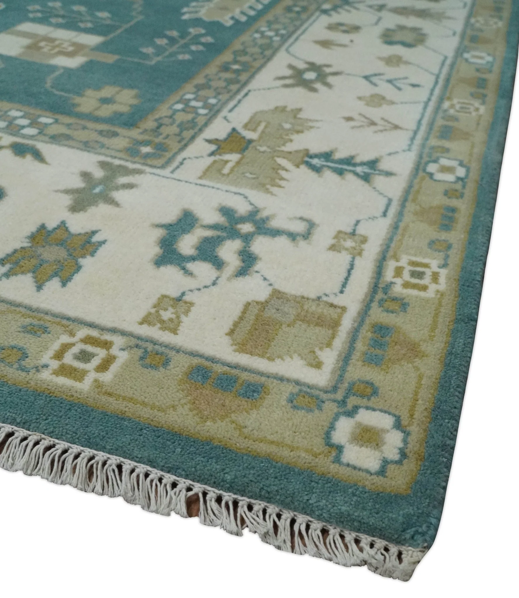 Custom Made Hand Knotted Blue, Ivory and Beige Traditional Oushak Wool Rug - Image 5