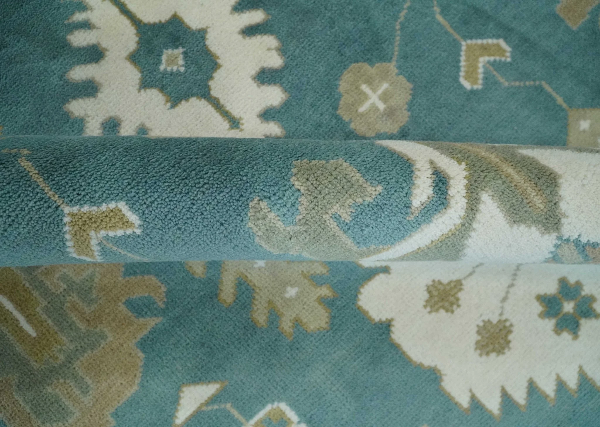 Custom Made Hand Knotted Blue, Ivory and Beige Traditional Oushak Wool Rug - Image 6