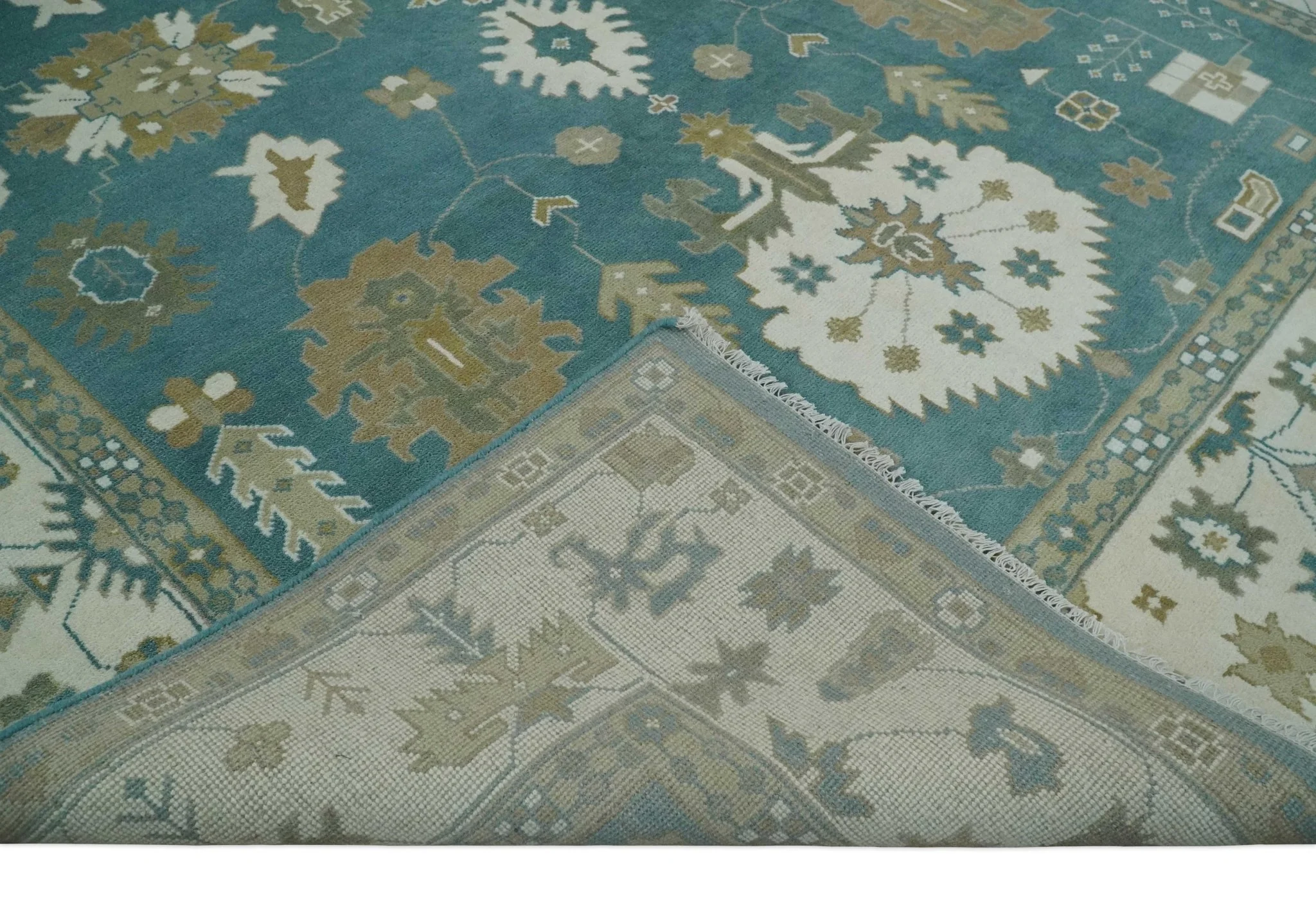 Custom Made Hand Knotted Blue, Ivory and Beige Traditional Oushak Wool Rug - Image 7