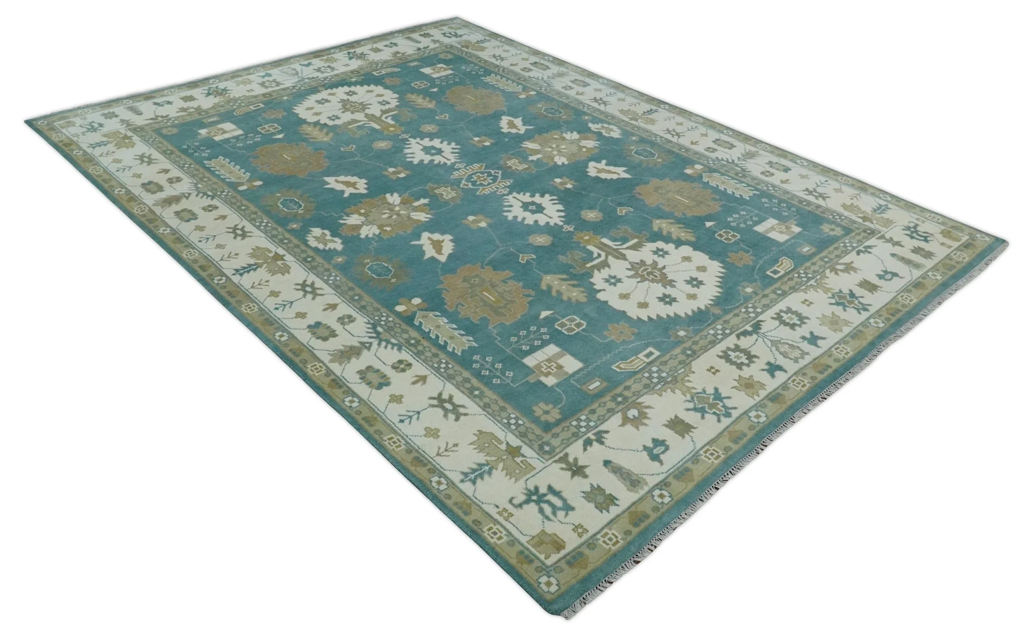 Custom Made Hand Knotted Blue, Ivory and Beige Traditional Oushak Wool Rug - Image 9