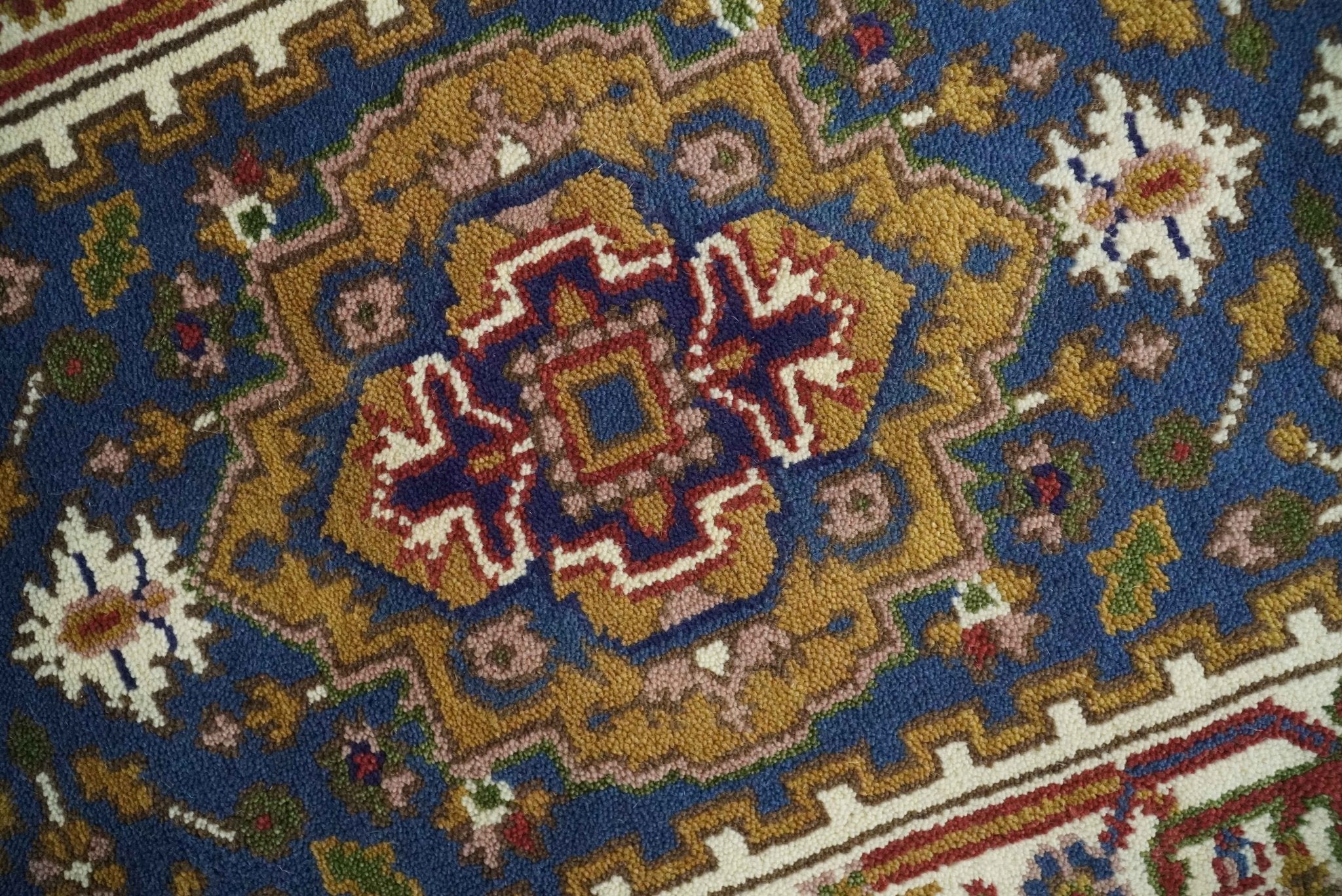 Hand Knotted 2.6x10 Blue, Ivory and Mustard Traditional Wool Area Rug - Image 2