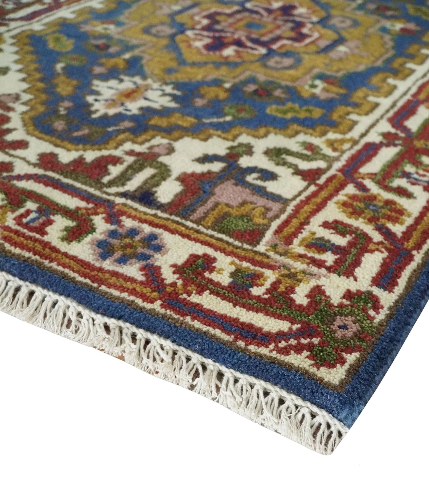 Hand Knotted 2.6x10 Blue, Ivory and Mustard Traditional Wool Area Rug - Image 3