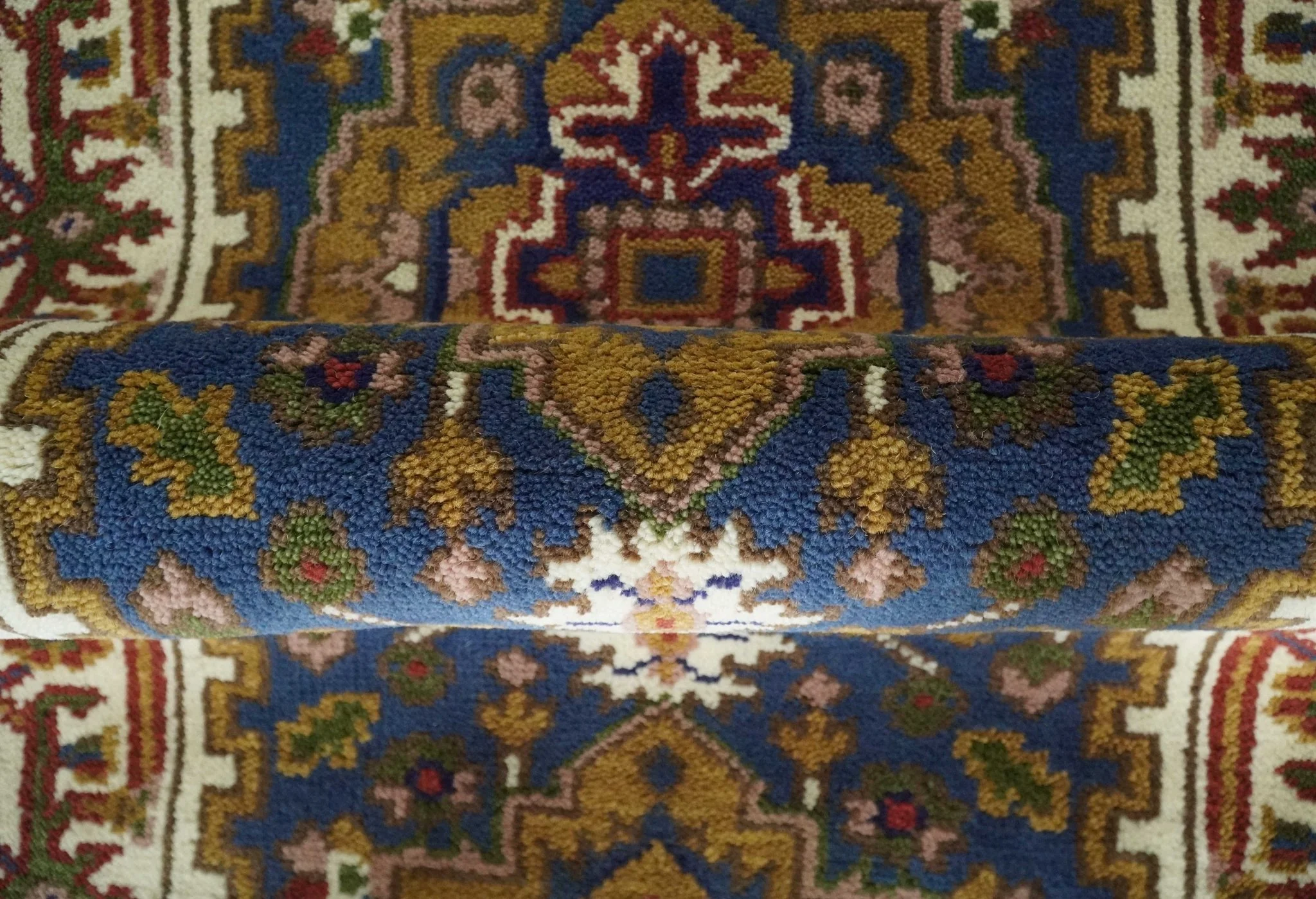 Hand Knotted 2.6x10 Blue, Ivory and Mustard Traditional Wool Area Rug - Image 4