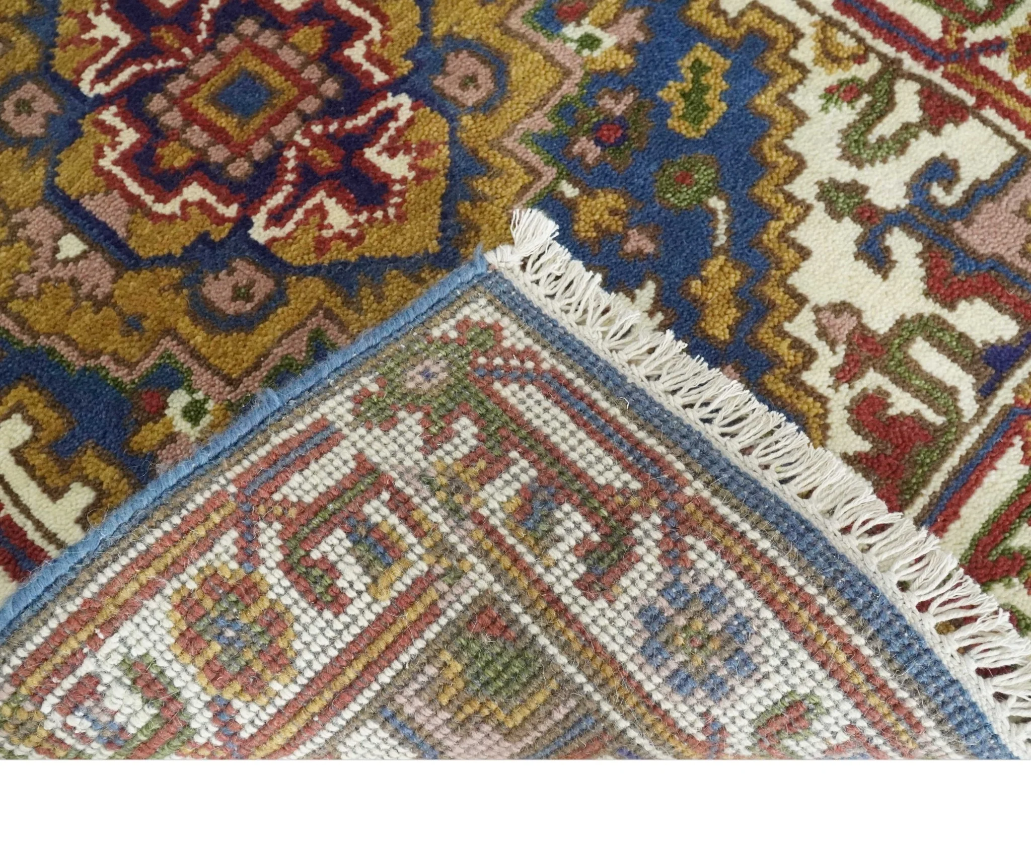 Hand Knotted 2.6x10 Blue, Ivory and Mustard Traditional Wool Area Rug - Image 5