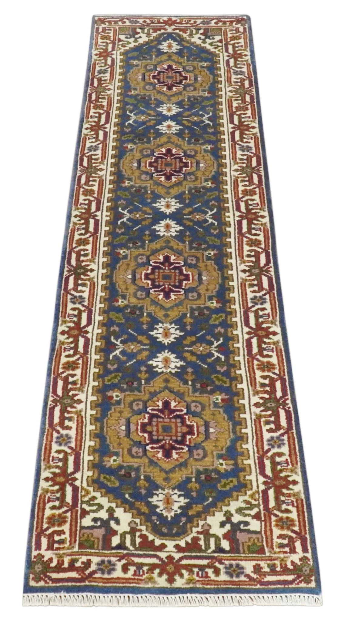 Hand Knotted 2.6x10 Blue, Ivory and Mustard Traditional Wool Area Rug - Image 7