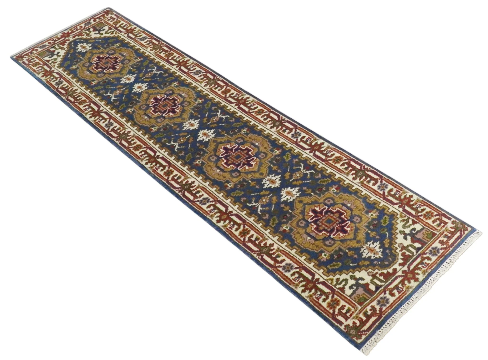 Hand Knotted 2.6x10 Blue, Ivory and Mustard Traditional Wool Area Rug - Image 8