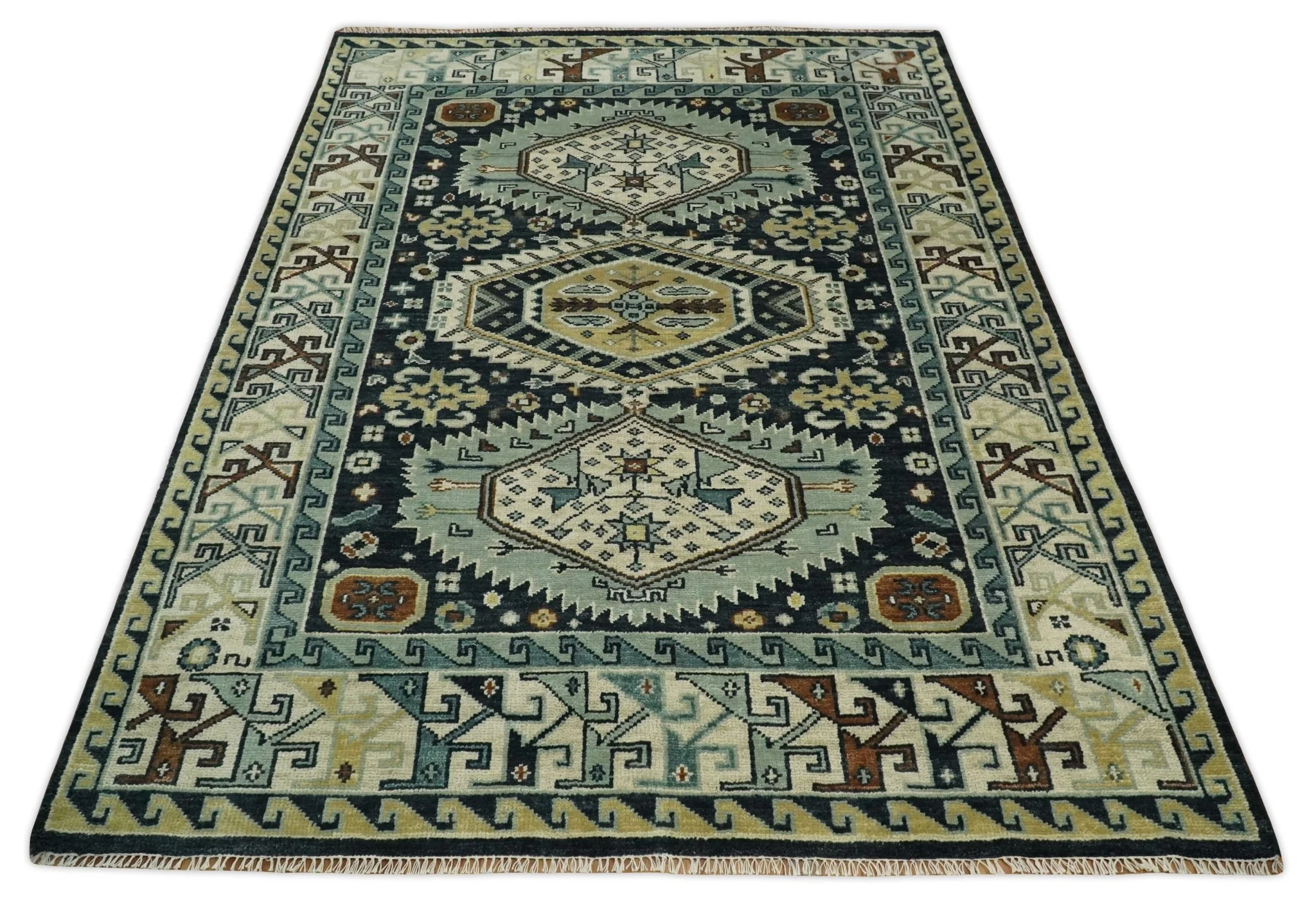Custom Made Hand Knotted Blue, Ivory and Olive Traditional Oriental wool Area Rug - Image 10