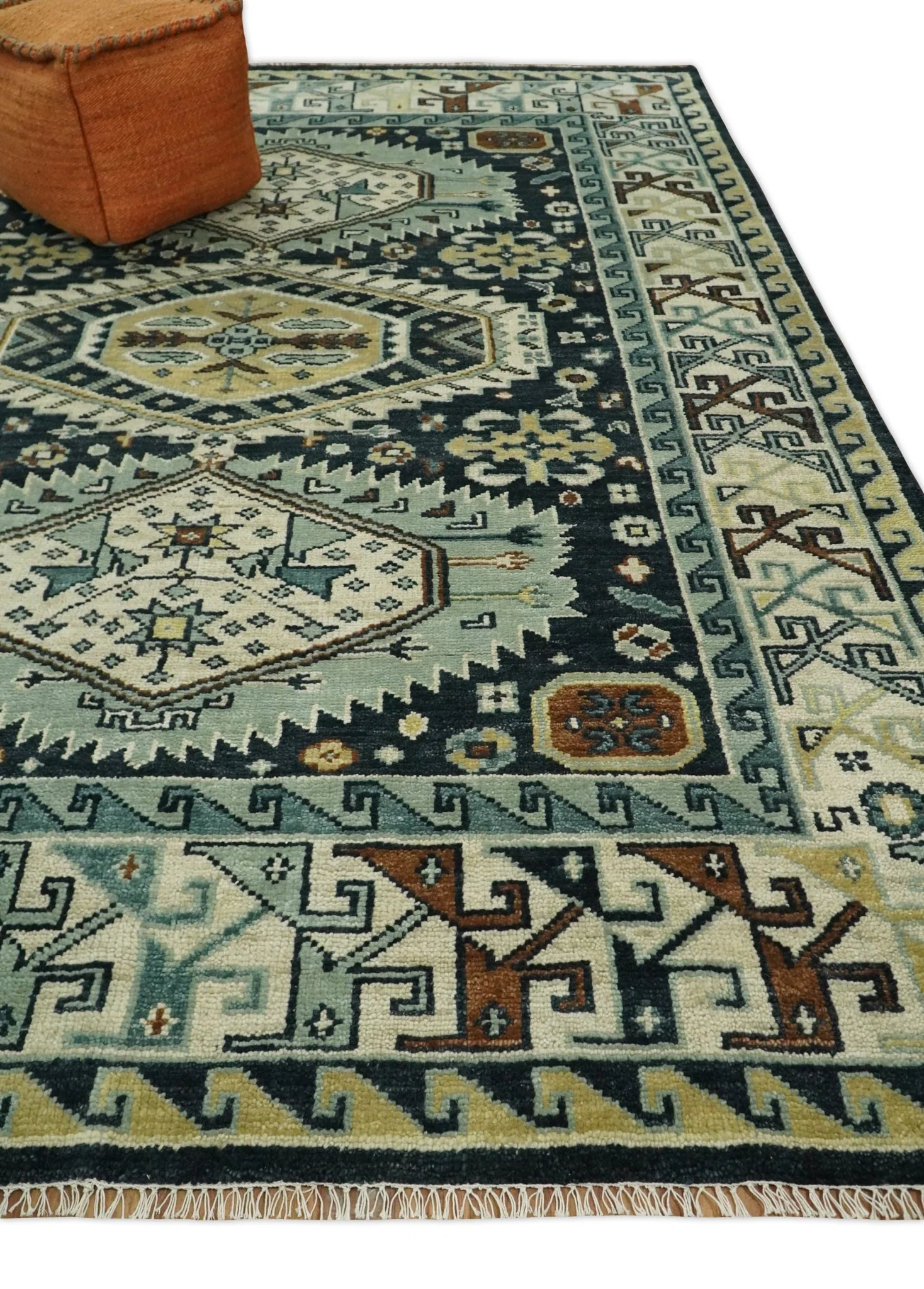 Custom Made Hand Knotted Blue, Ivory and Olive Traditional Oriental wool Area Rug - Image 3