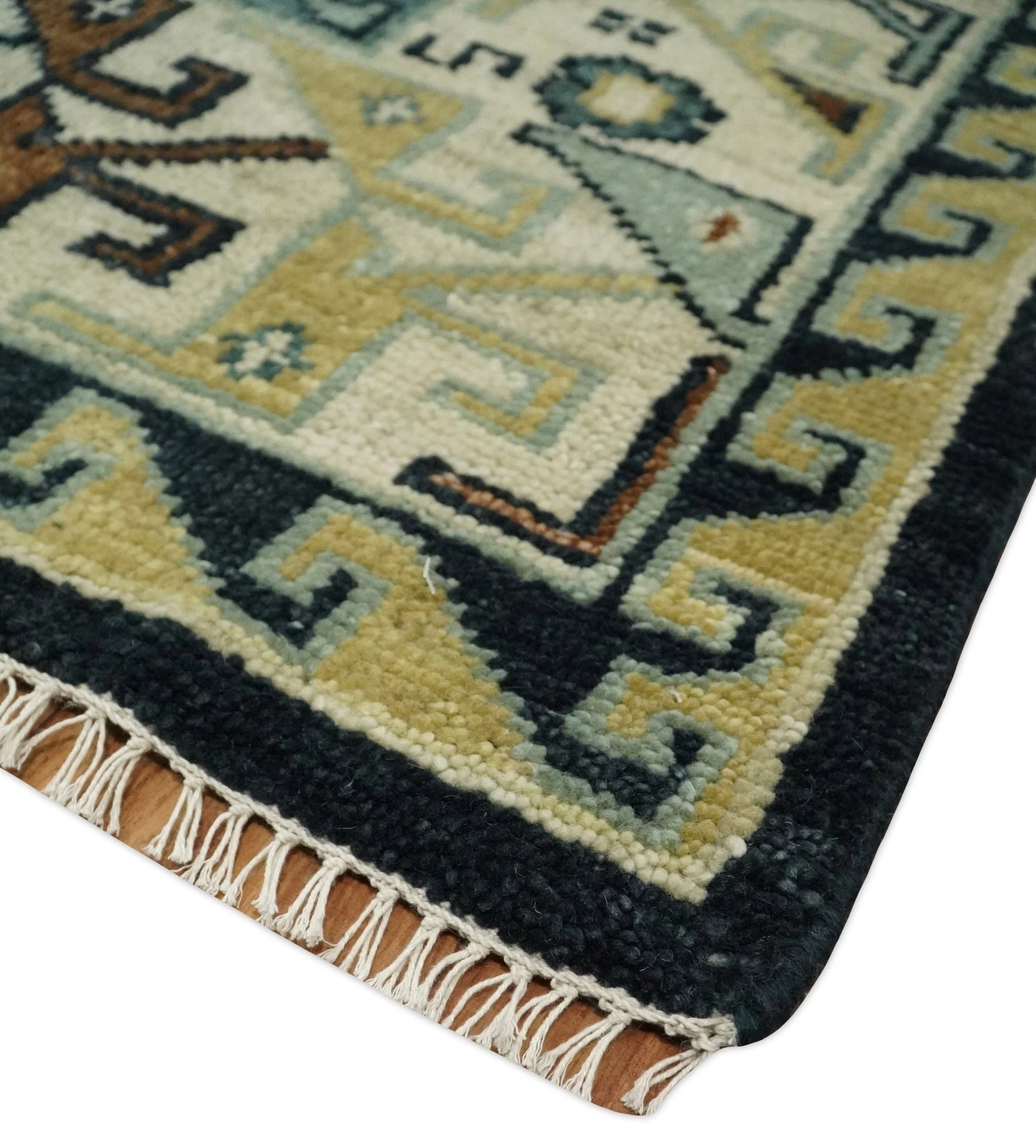 Custom Made Hand Knotted Blue, Ivory and Olive Traditional Oriental wool Area Rug - Image 5