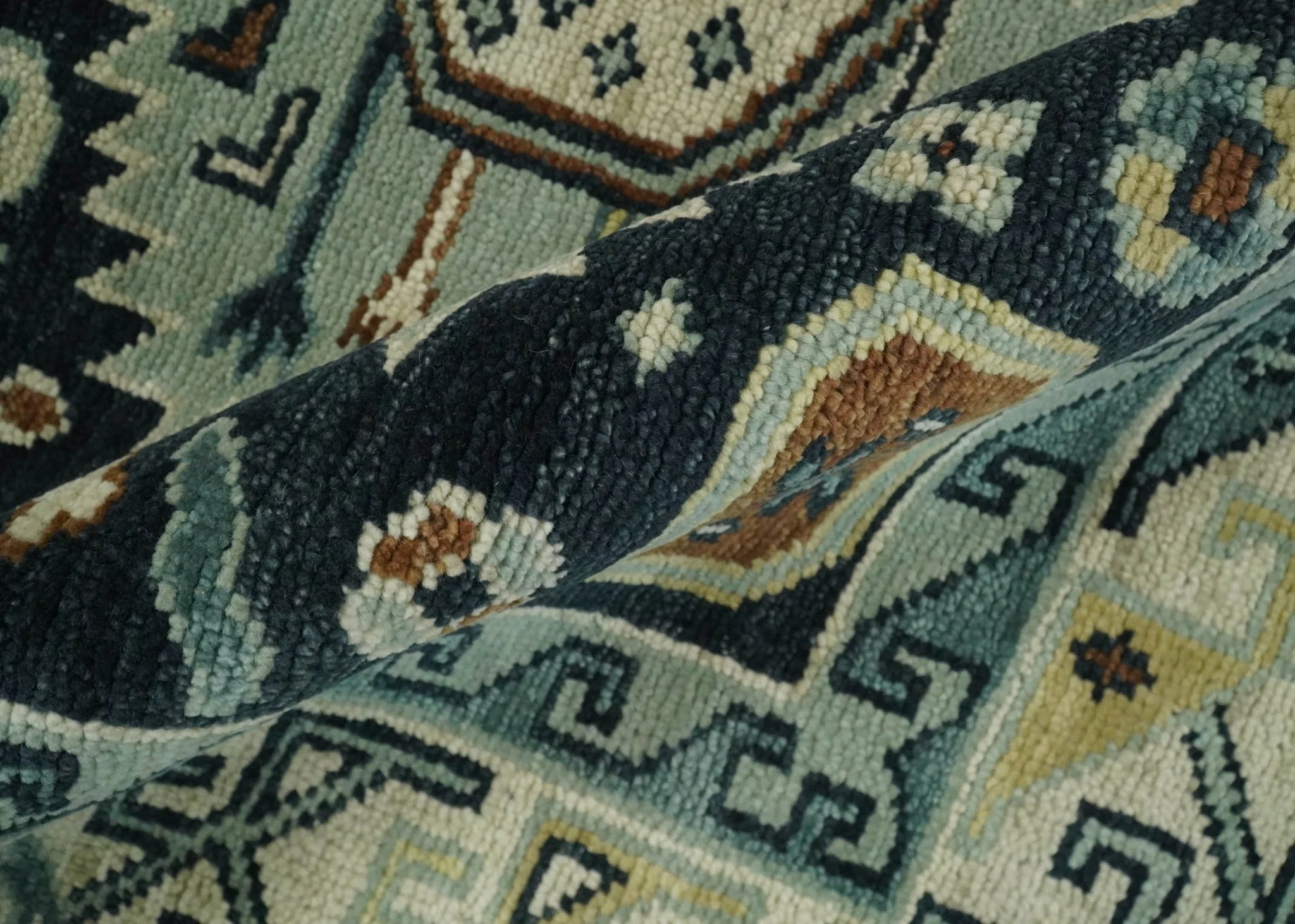 Custom Made Hand Knotted Blue, Ivory and Olive Traditional Oriental wool Area Rug - Image 7