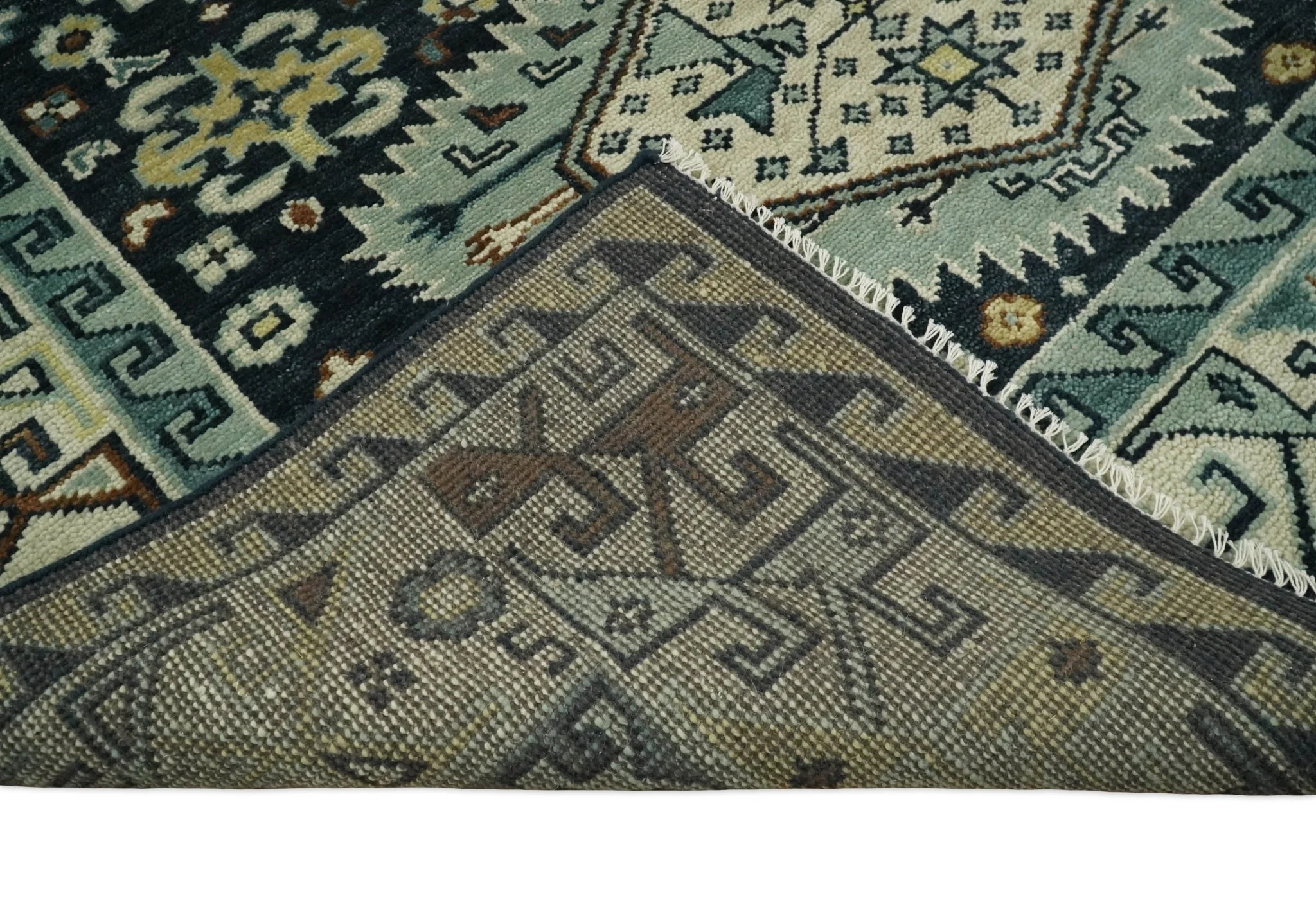 Custom Made Hand Knotted Blue, Ivory and Olive Traditional Oriental wool Area Rug - Image 8