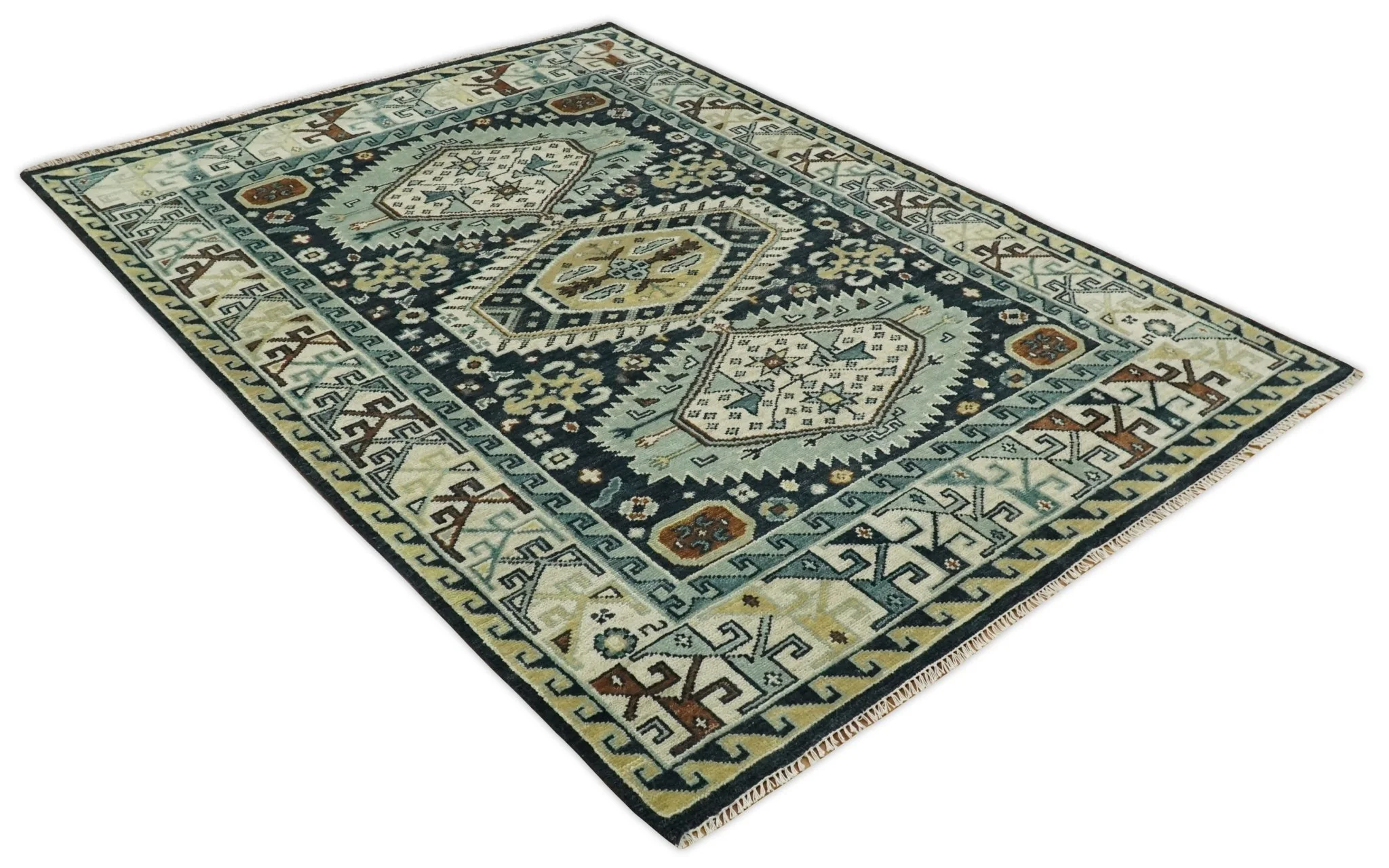 Custom Made Hand Knotted Blue, Ivory and Olive Traditional Oriental wool Area Rug - Image 9
