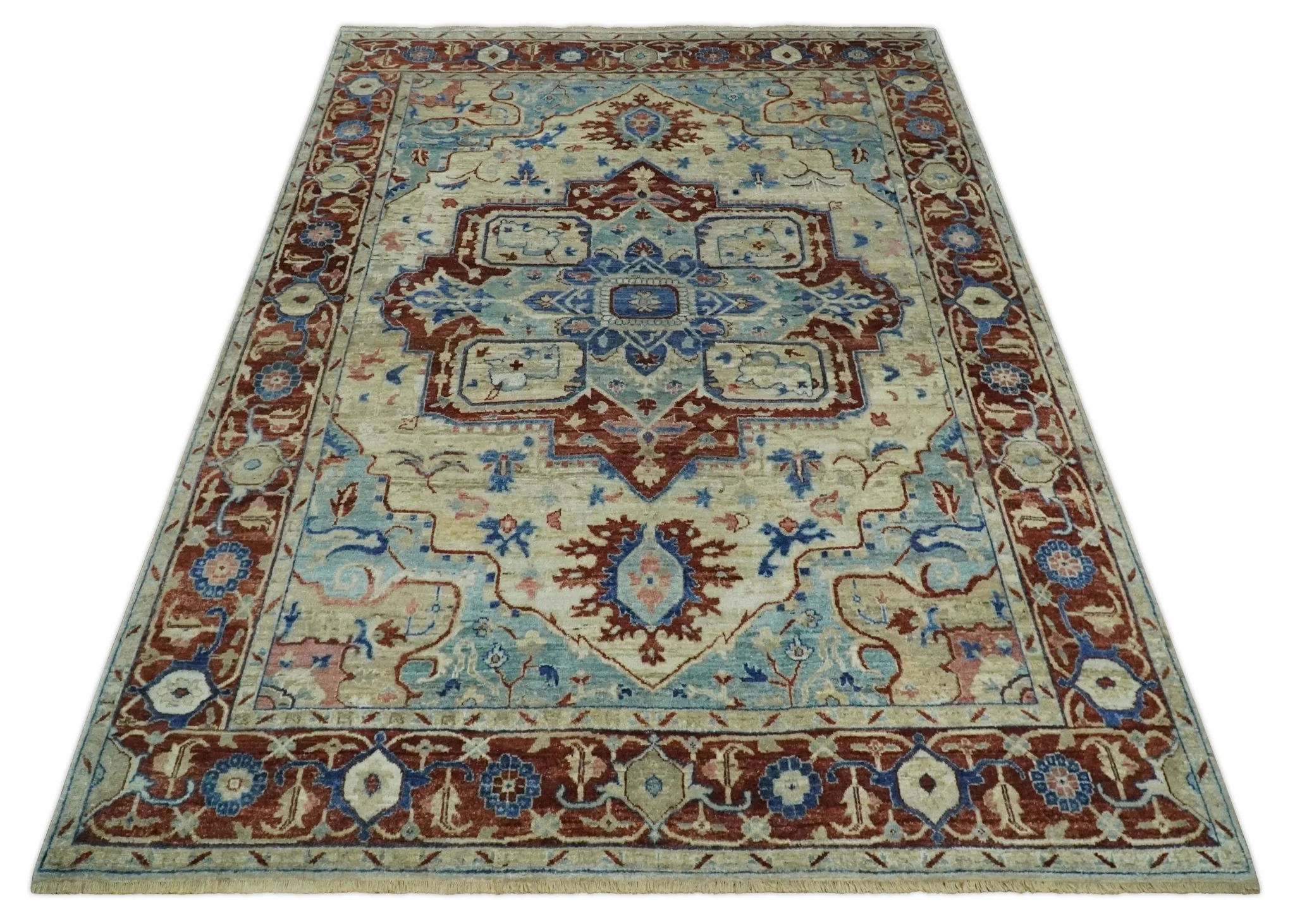 Hand Knotted Blue, Ivory and Rust Antique Persian Heriz Serapi Wool Rug, 5x8, 6x9, 8x10 and 9x12 Living Room Rug | TRD2559 - Image 11