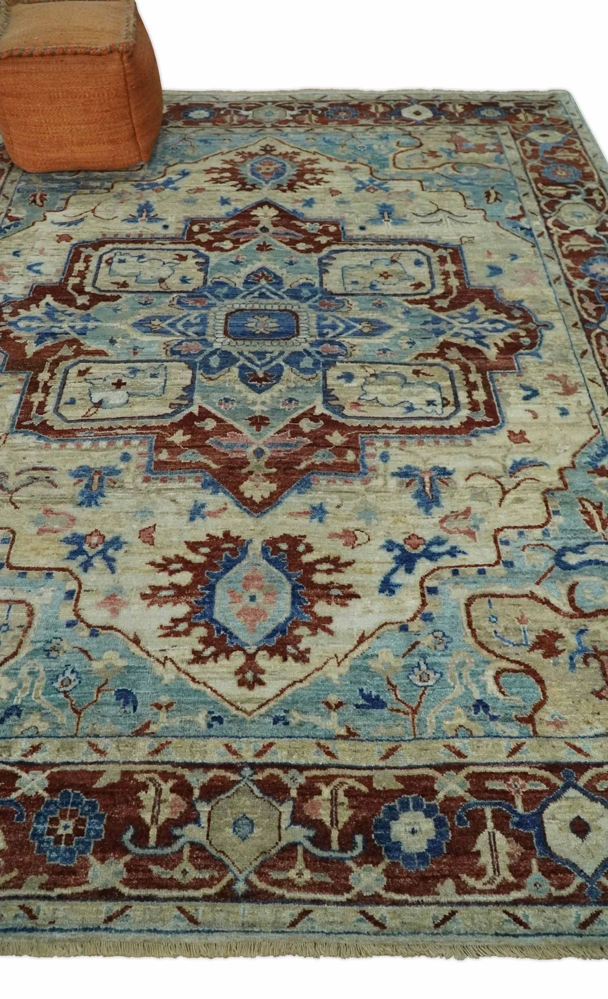 Hand Knotted Blue, Ivory and Rust Antique Persian Heriz Serapi Wool Rug, 5x8, 6x9, 8x10 and 9x12 Living Room Rug | TRD2559 - Image 5