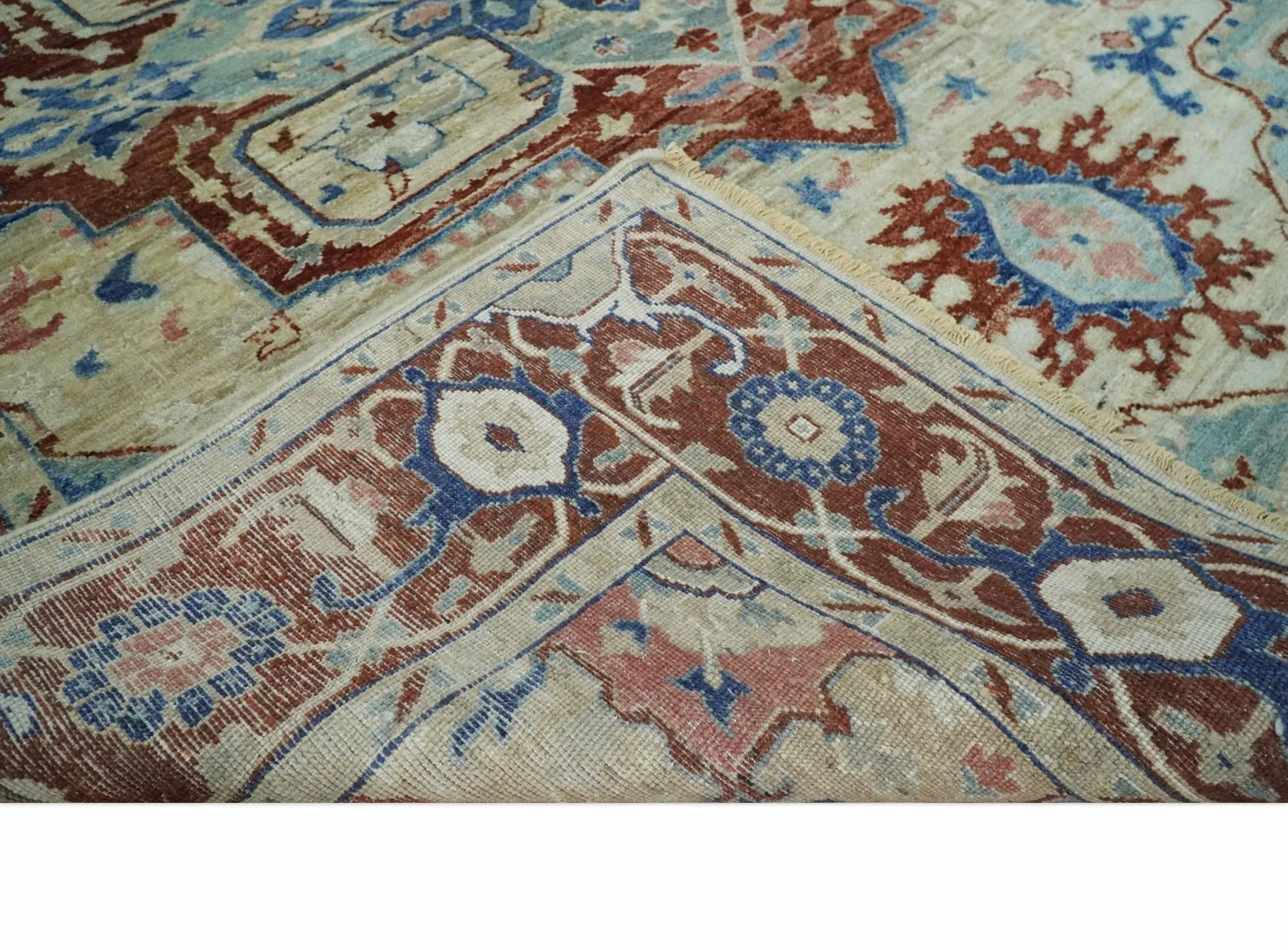 Hand Knotted Blue, Ivory and Rust Antique Persian Heriz Serapi Wool Rug, 5x8, 6x9, 8x10 and 9x12 Living Room Rug | TRD2559 - Image 7