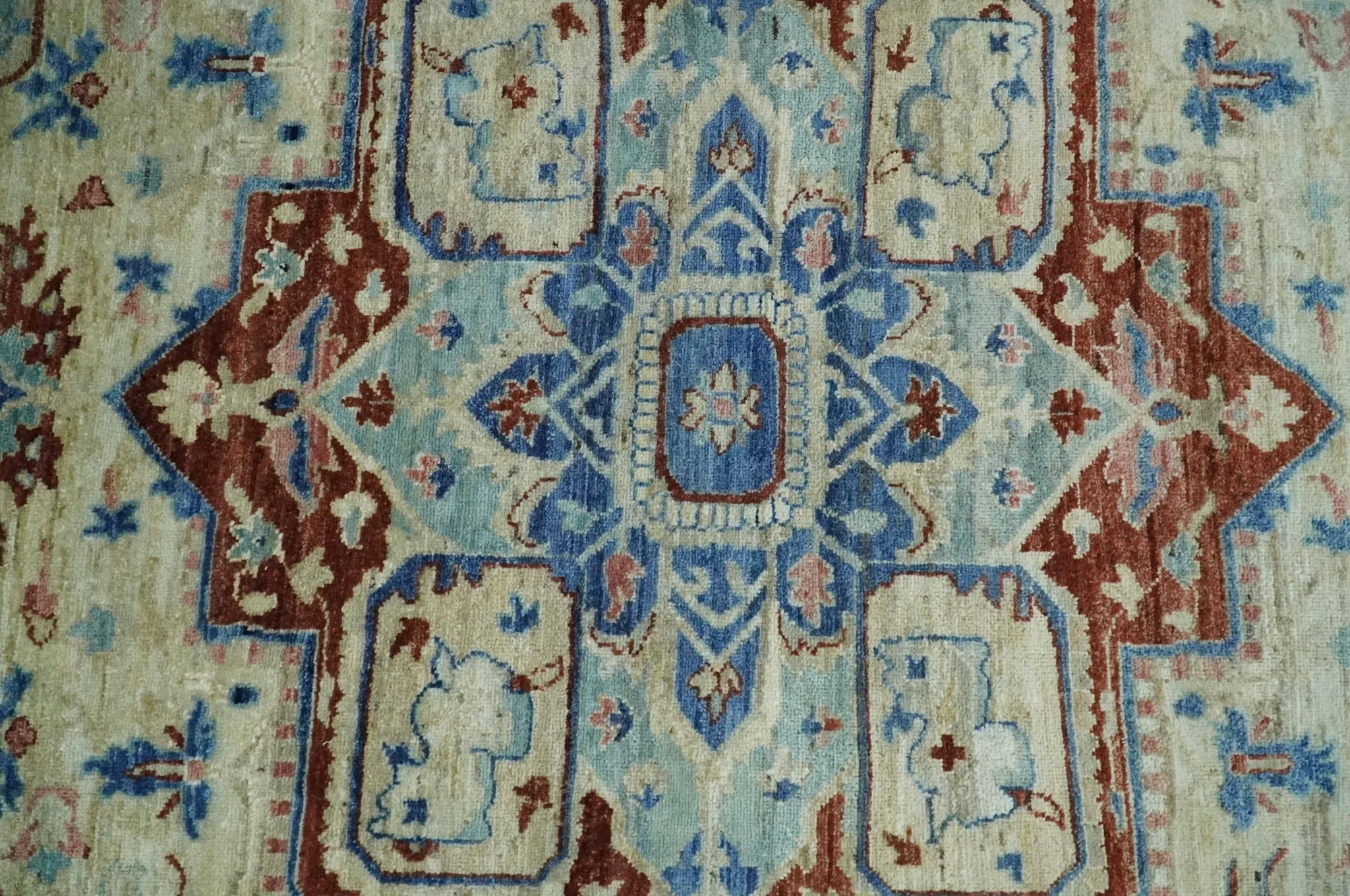 Hand Knotted Blue, Ivory and Rust Antique Persian Heriz Serapi Wool Rug, 5x8, 6x9, 8x10 and 9x12 Living Room Rug | TRD2559 - Image 8