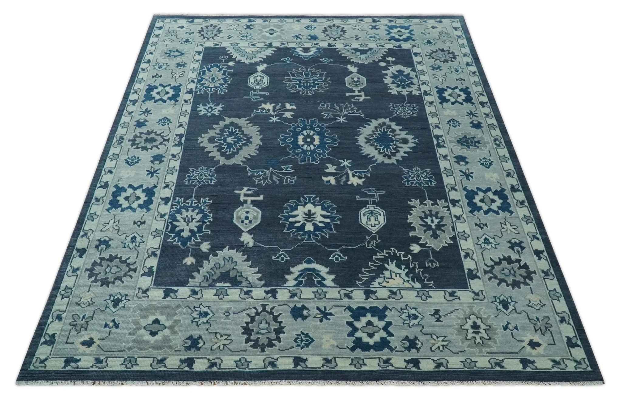 Hand Knotted Blue, Silver and Ivory Traditional Oushak Vintage Style Wool Rug - Image 10