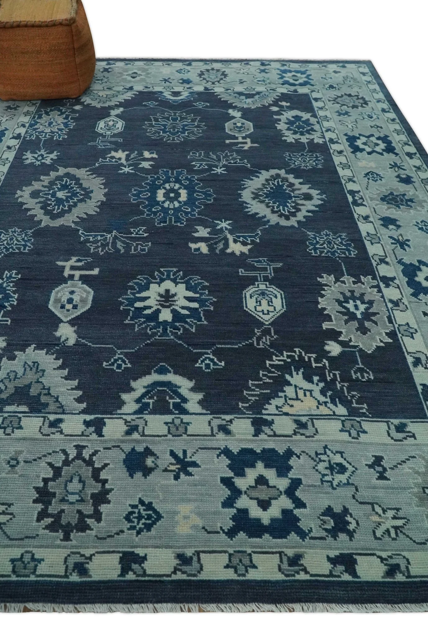 Hand Knotted Blue, Silver and Ivory Traditional Oushak Vintage Style Wool Rug - Image 3