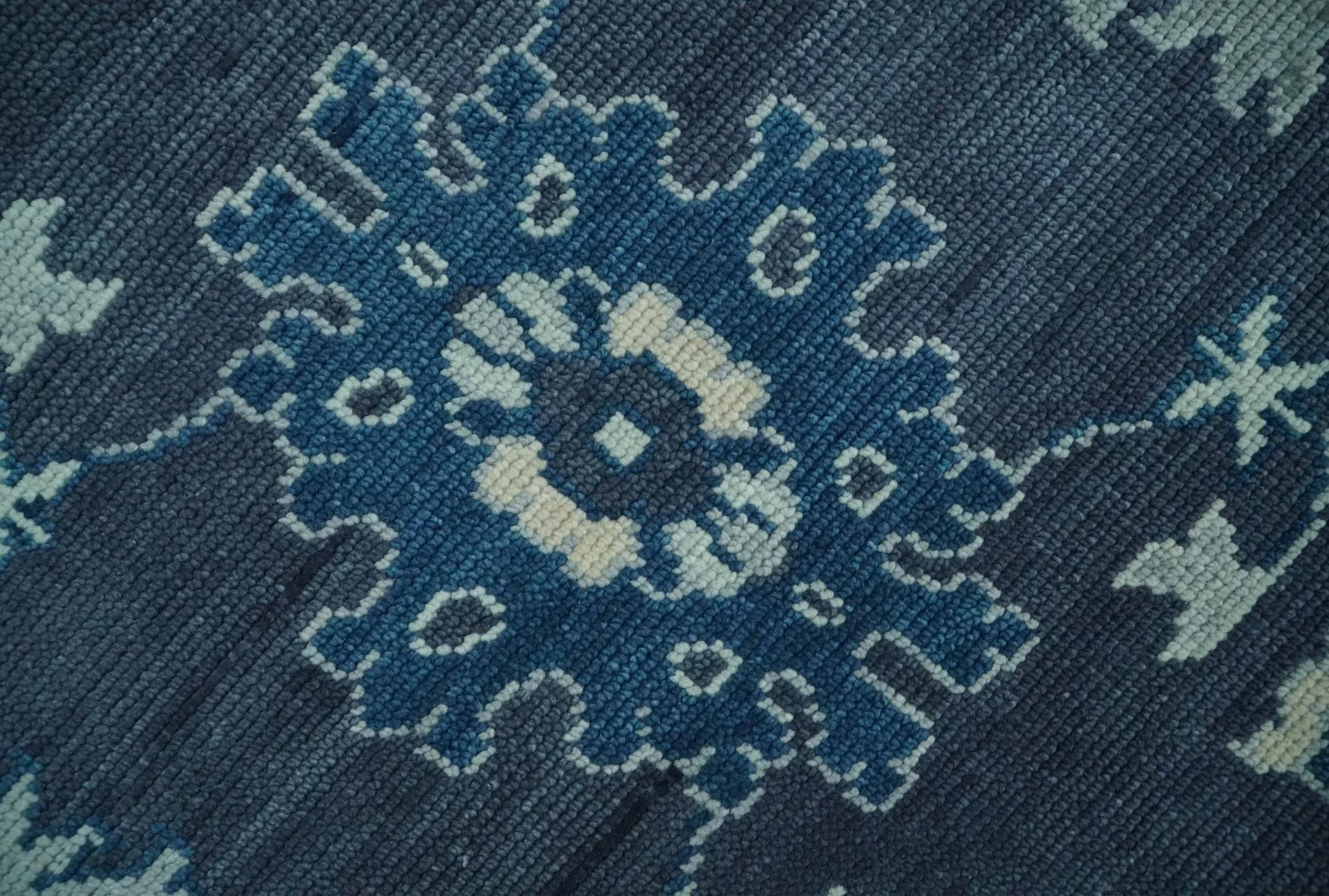 Hand Knotted Blue, Silver and Ivory Traditional Oushak Vintage Style Wool Rug - Image 4