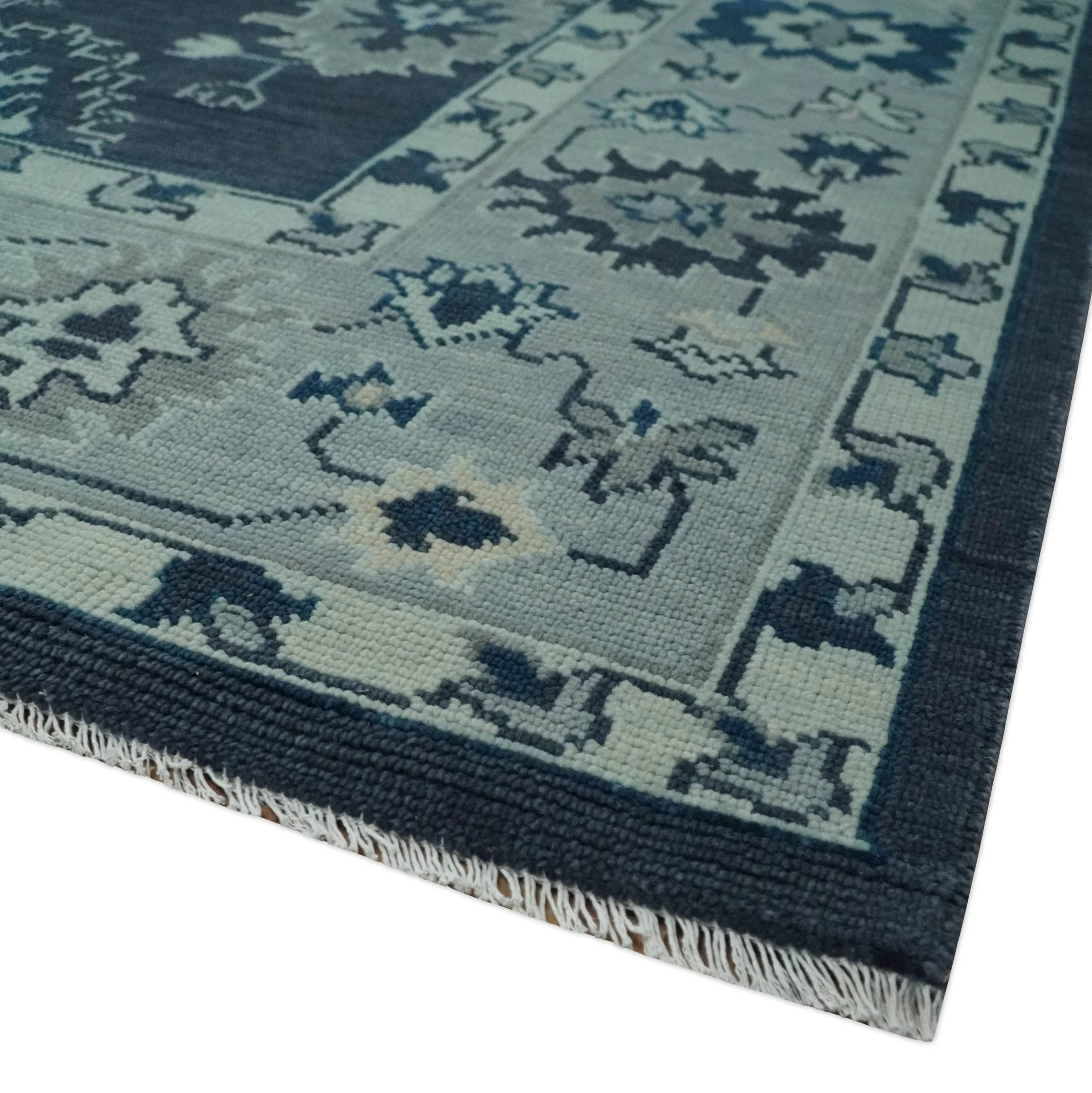 Hand Knotted Blue, Silver and Ivory Traditional Oushak Vintage Style Wool Rug - Image 5