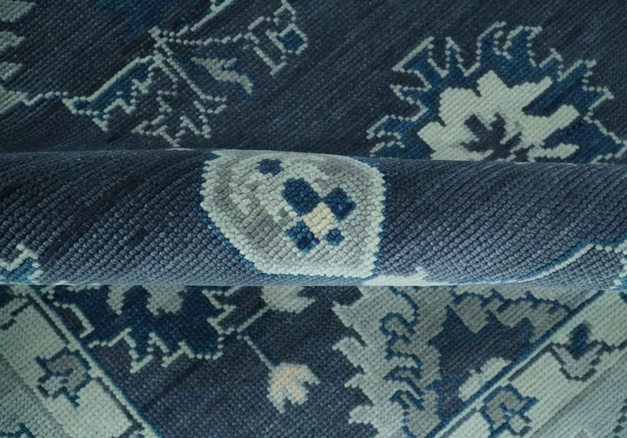 Hand Knotted Blue, Silver and Ivory Traditional Oushak Vintage Style Wool Rug - Image 6