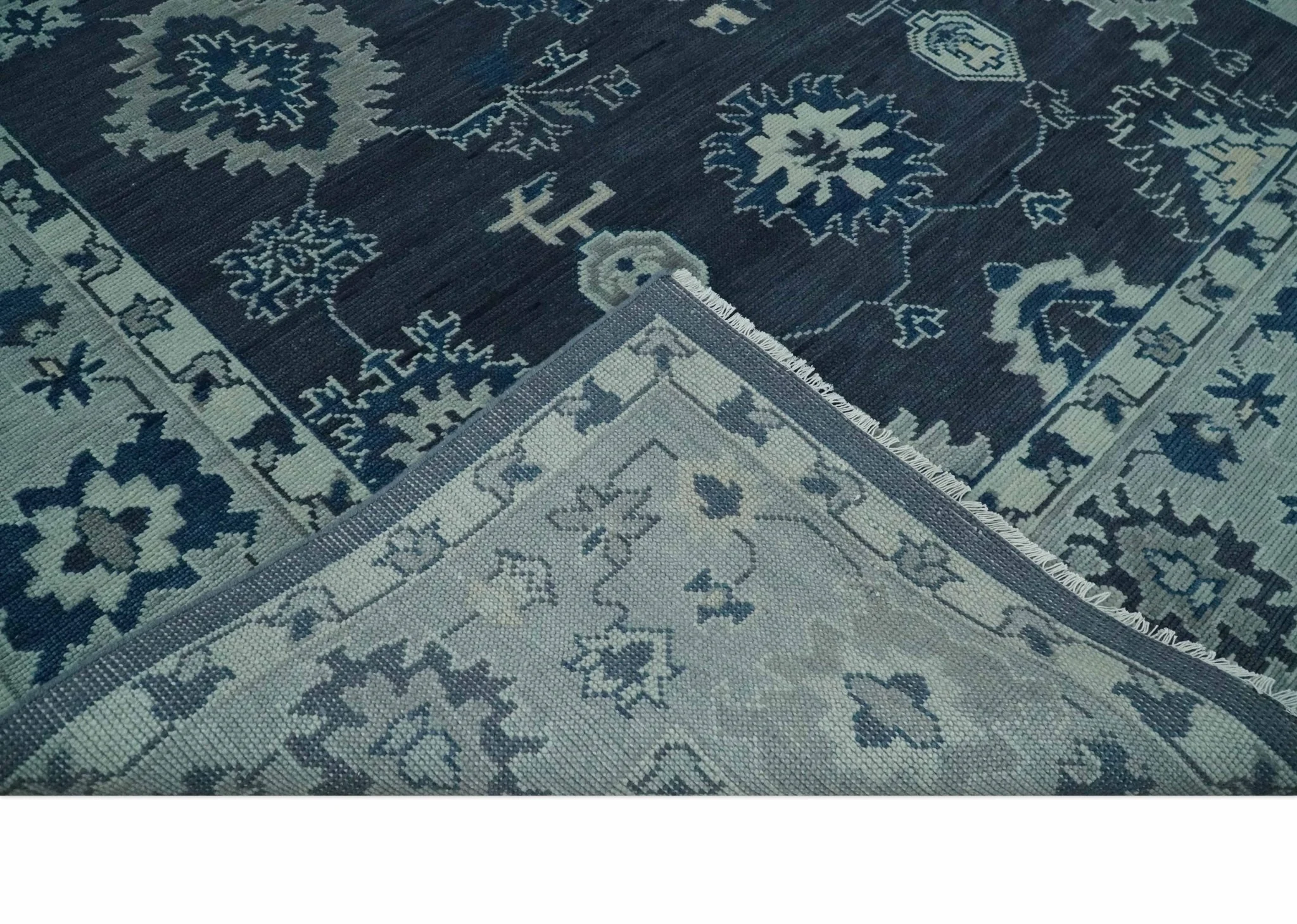 Hand Knotted Blue, Silver and Ivory Traditional Oushak Vintage Style Wool Rug - Image 7