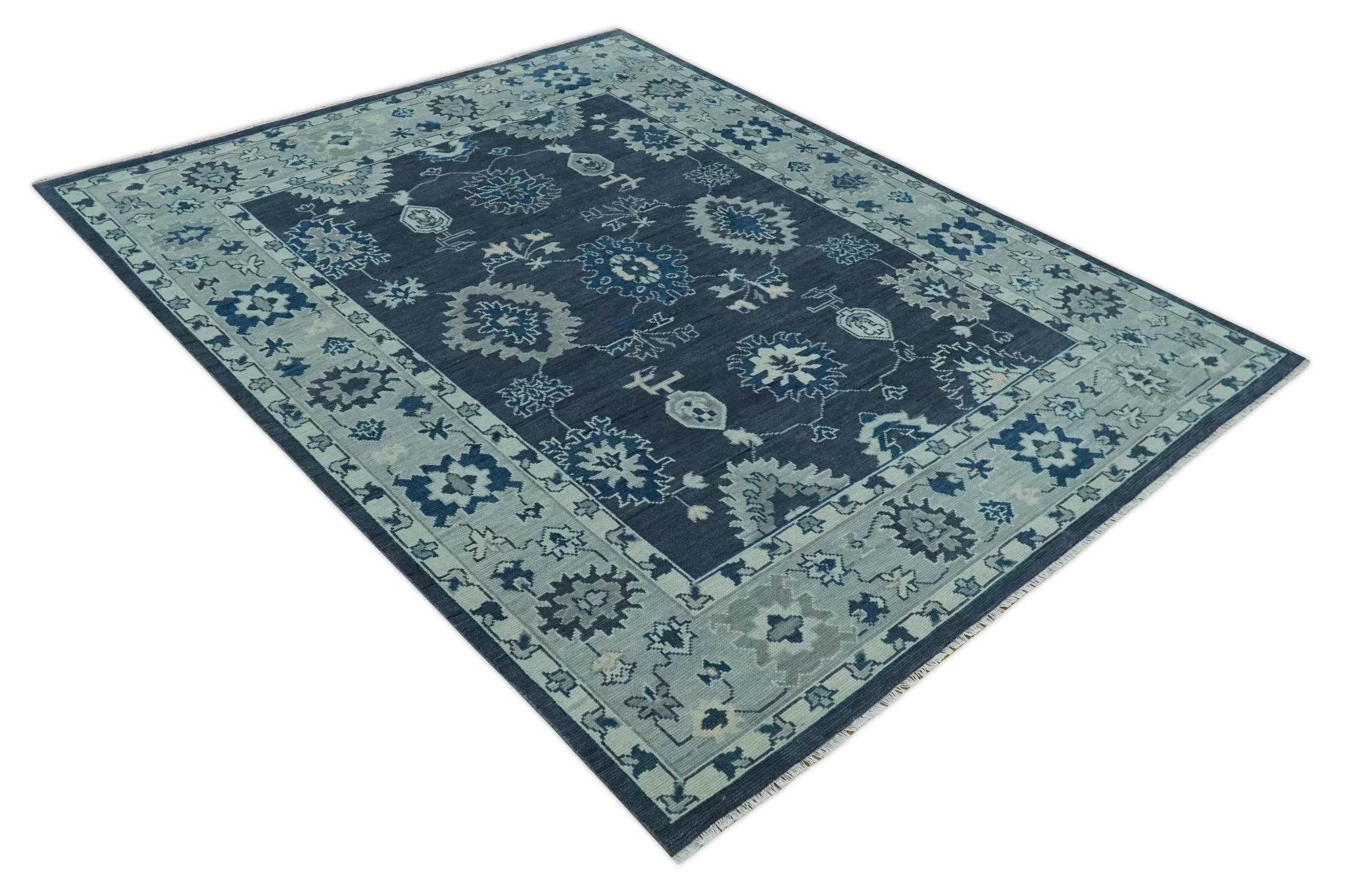 Hand Knotted Blue, Silver and Ivory Traditional Oushak Vintage Style Wool Rug - Image 9