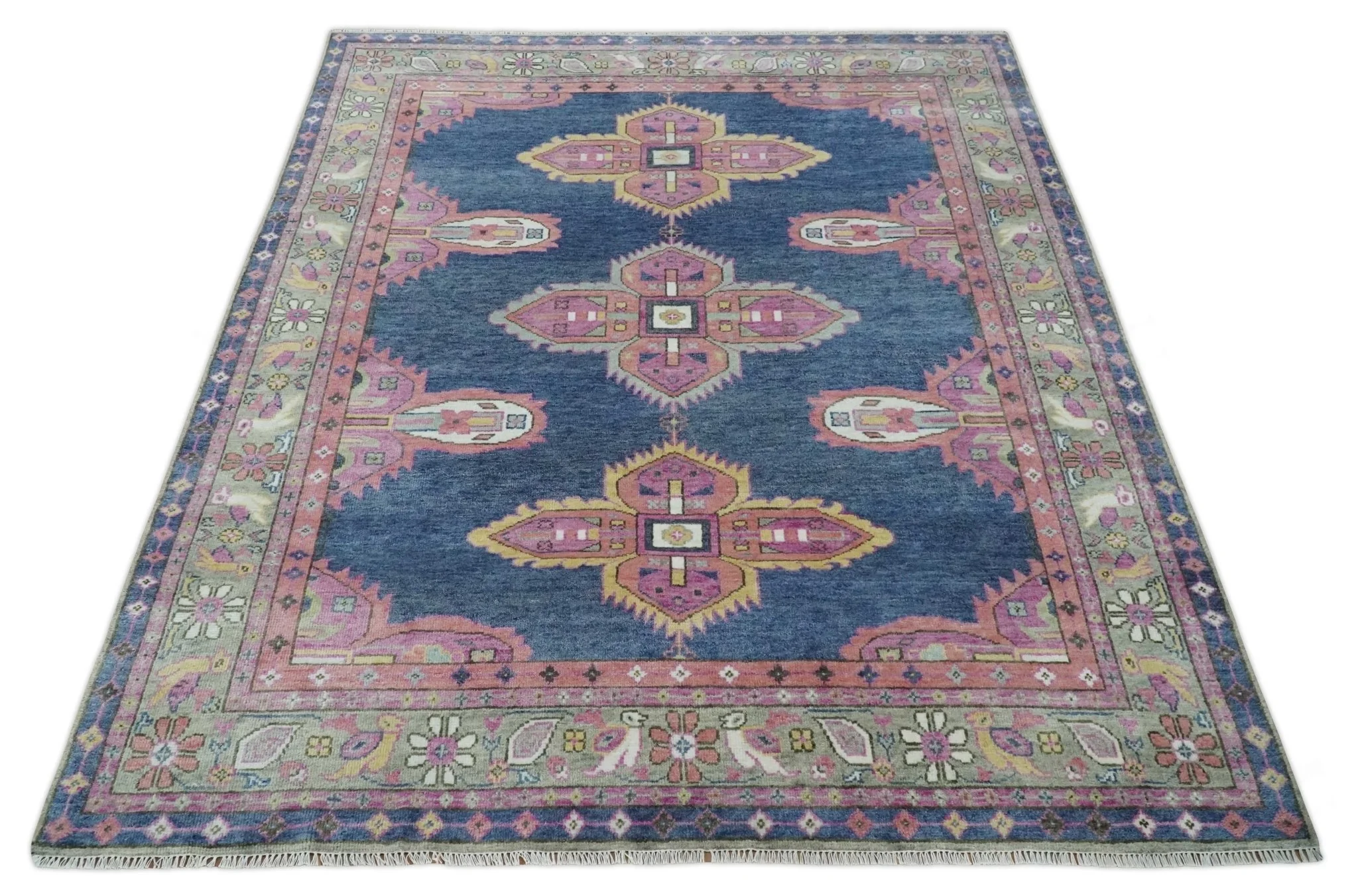 Hand Knotted Blue, Silver and Pink Traditional Heriz Serapi Wool Rug, Living Room and Bedroom Rug - Image 10