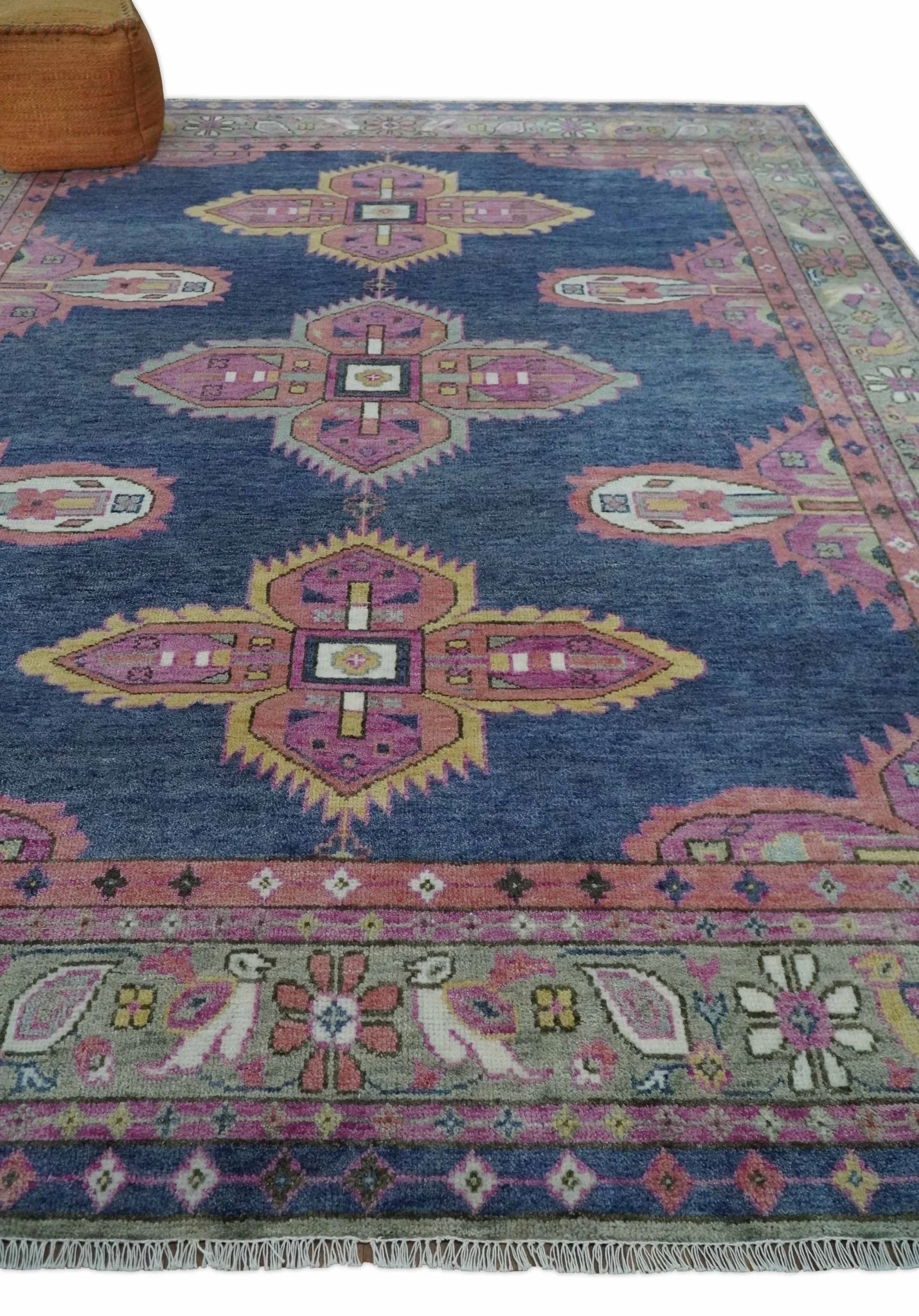 Hand Knotted Blue, Silver and Pink Traditional Heriz Serapi Wool Rug, Living Room and Bedroom Rug - Image 3
