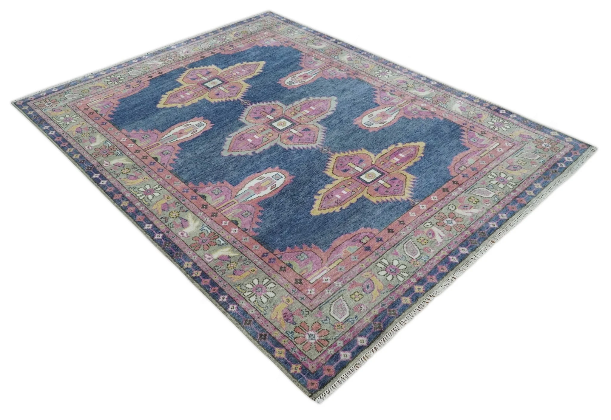 Hand Knotted Blue, Silver and Pink Traditional Heriz Serapi Wool Rug, Living Room and Bedroom Rug - Image 9
