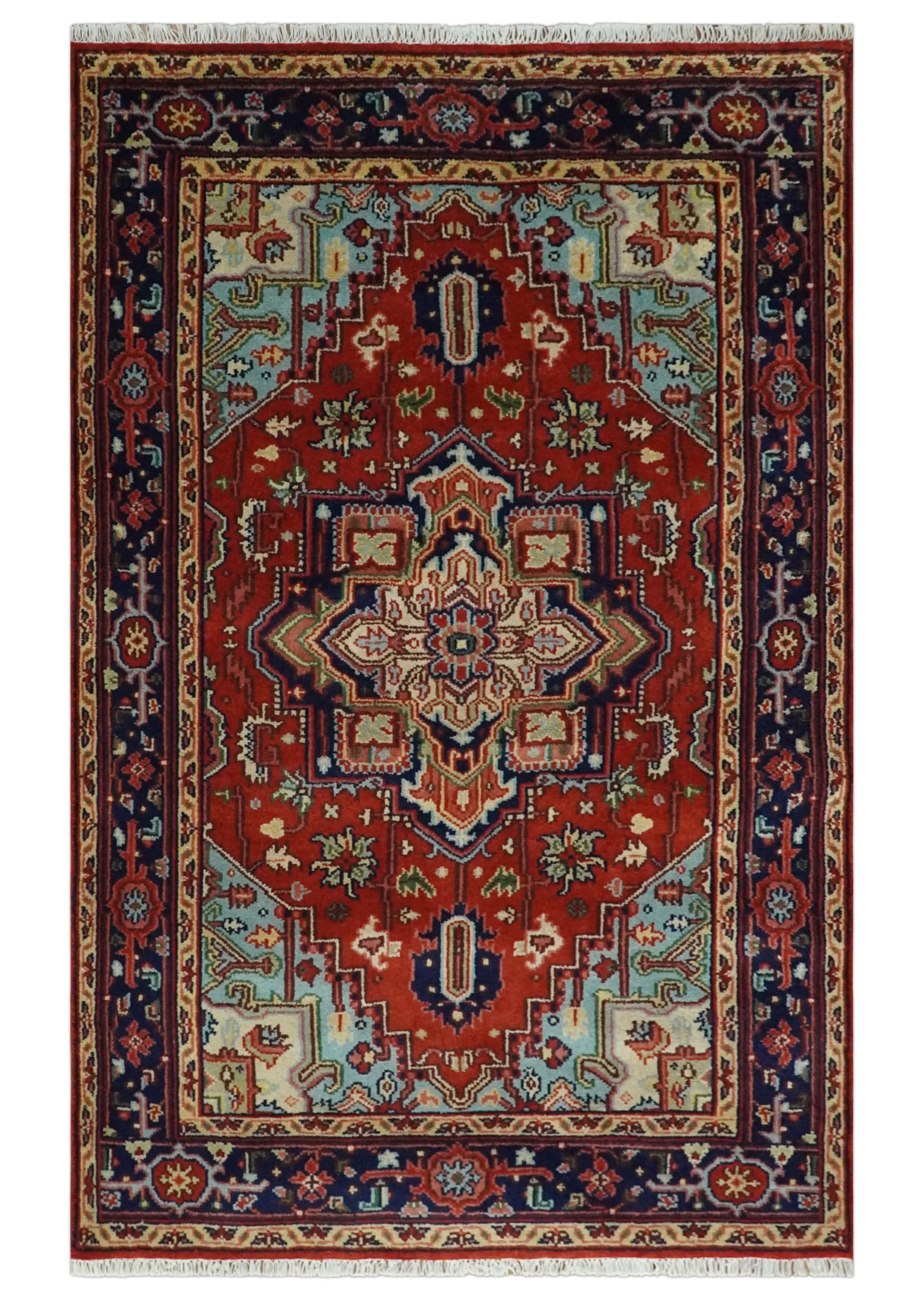 Hand knotted Brown, Aqua and Blue Traditional Heriz Serapi wool area rug - Image 10