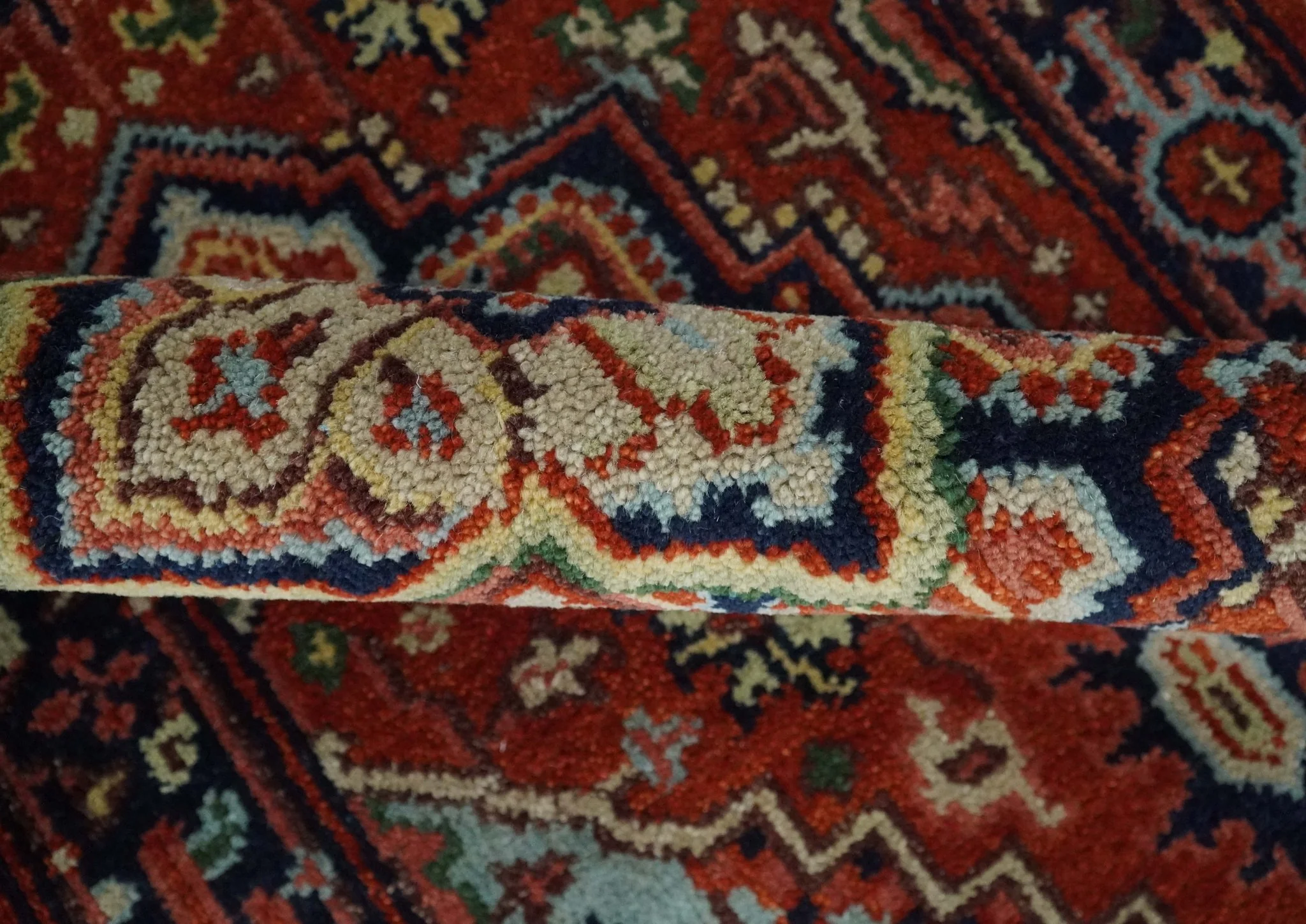 Hand knotted Brown, Aqua and Blue Traditional Heriz Serapi wool area rug - Image 5