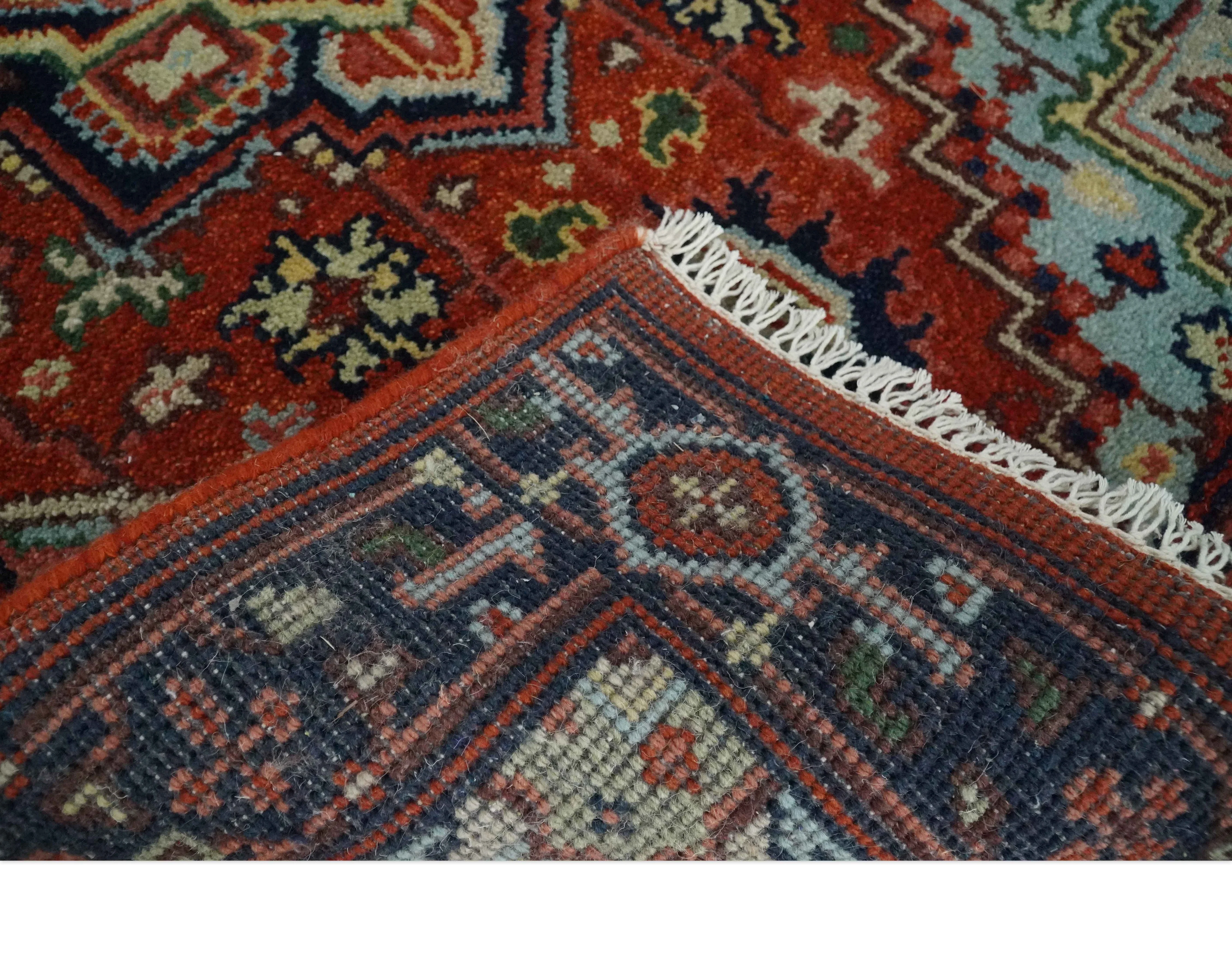 Hand knotted Brown, Aqua and Blue Traditional Heriz Serapi wool area rug - Image 6