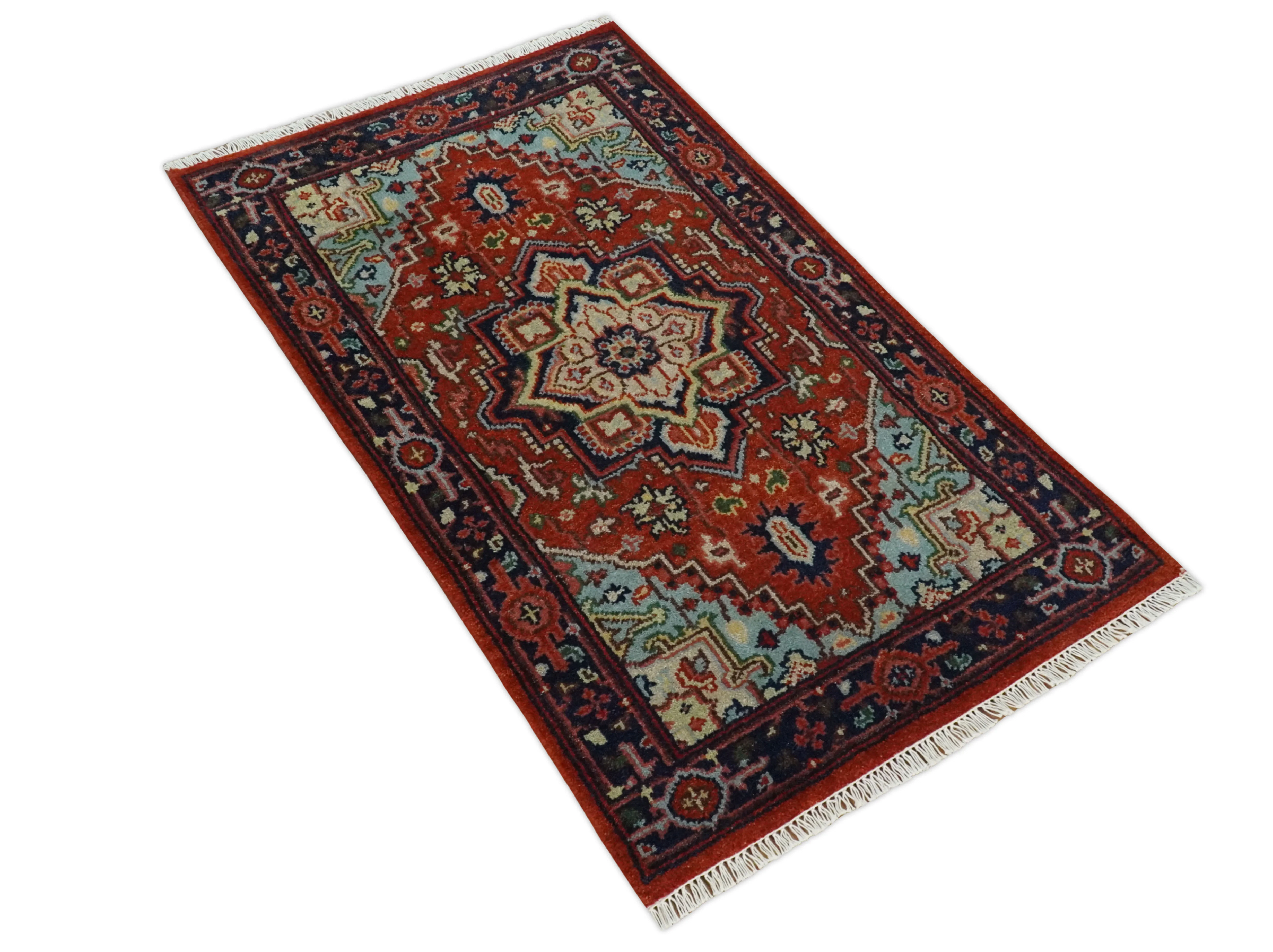 Hand knotted Brown, Aqua and Blue Traditional Heriz Serapi wool area rug - Image 8