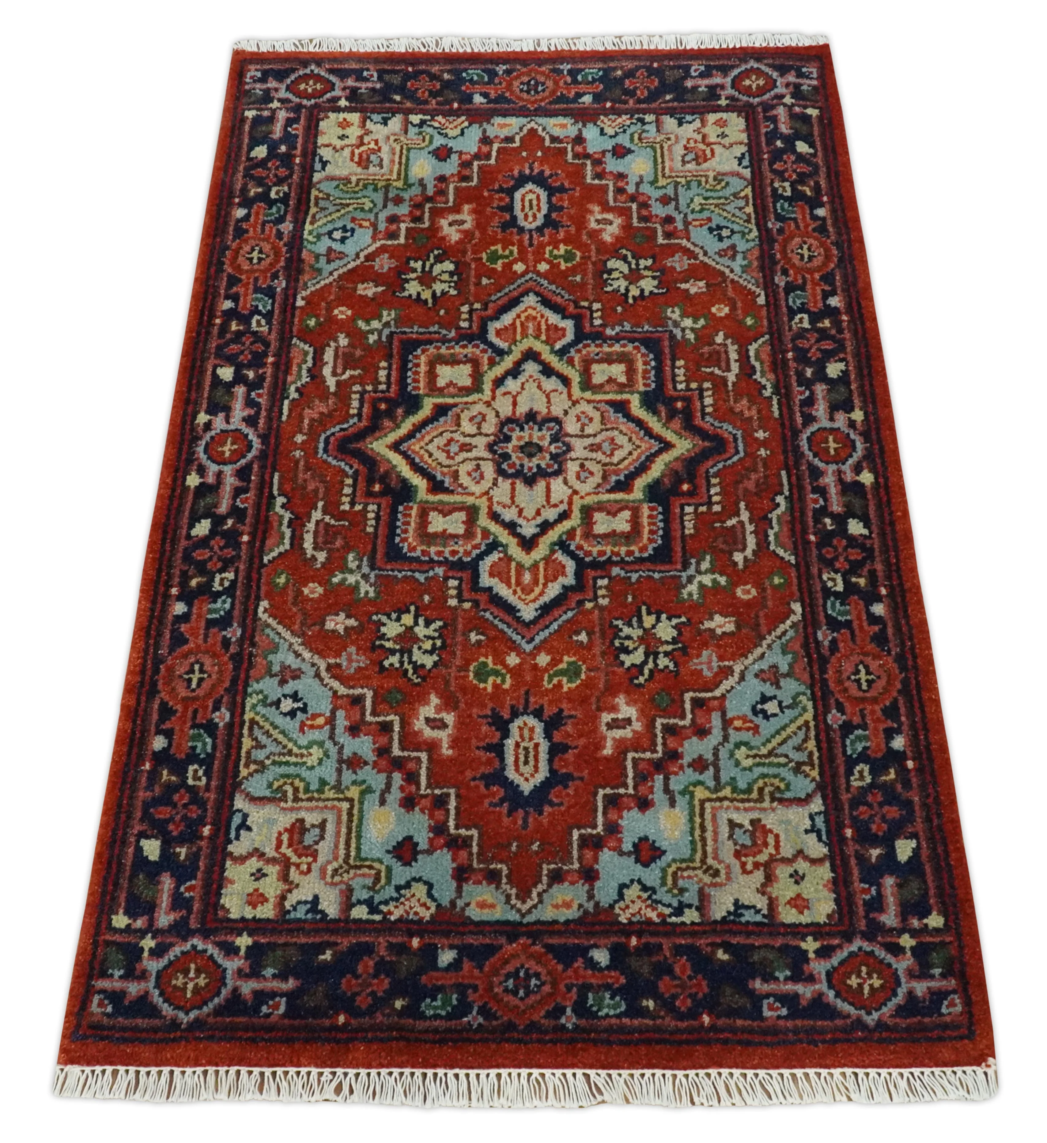Hand knotted Brown, Aqua and Blue Traditional Heriz Serapi wool area rug - Image 9
