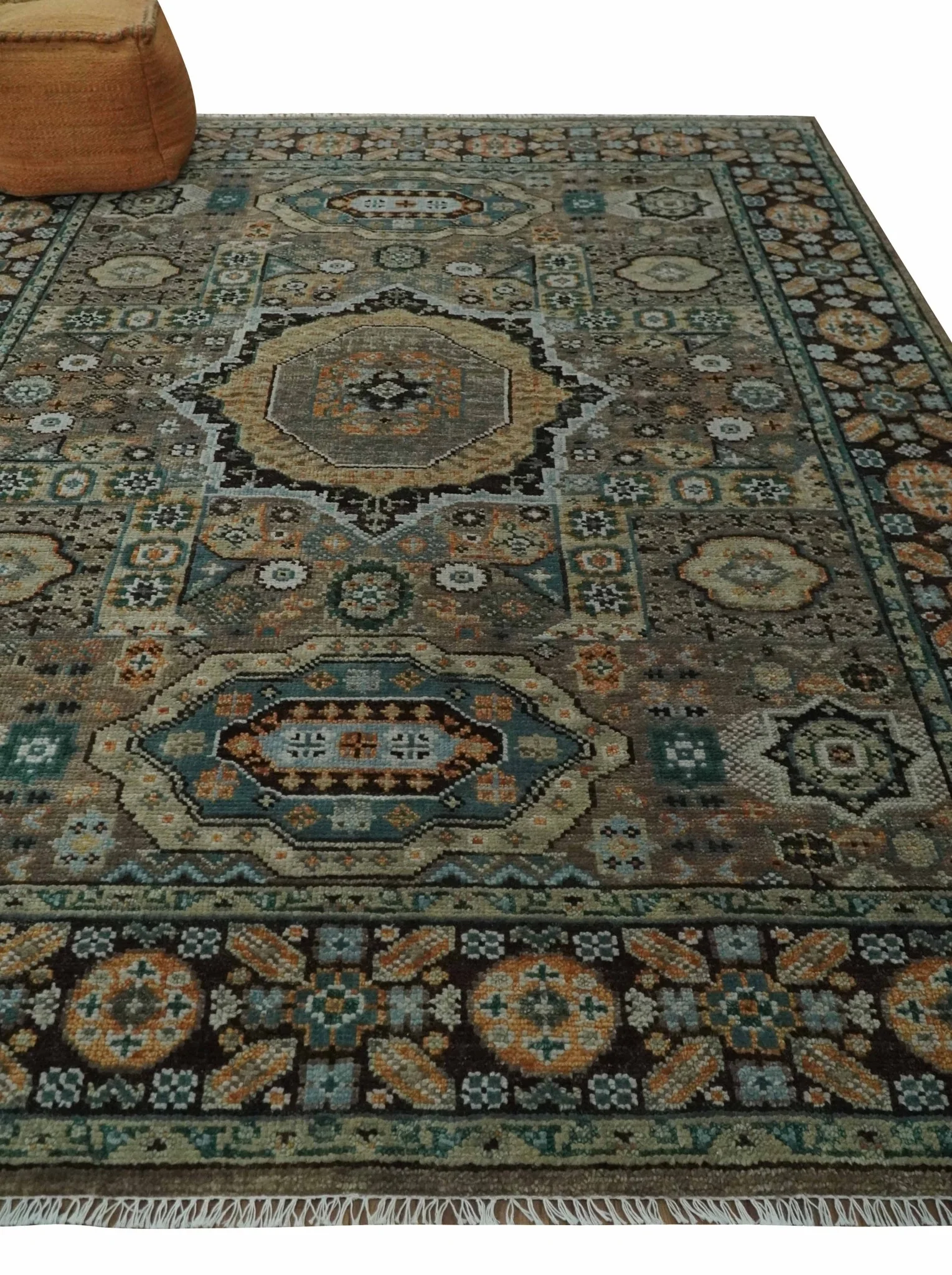 Custom Made Hand Knotted Brown, Black and Silver Traditional Wool Rug - Image 3