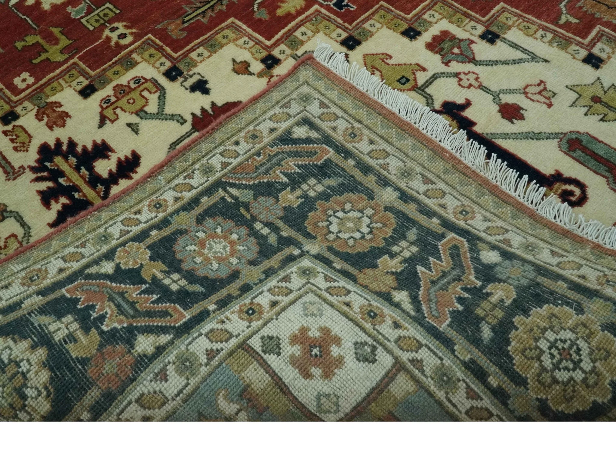 Premium Fine Hand knotted 8x10 Brown, Blue and Ivory Traditional wool Area Rug - Image 7